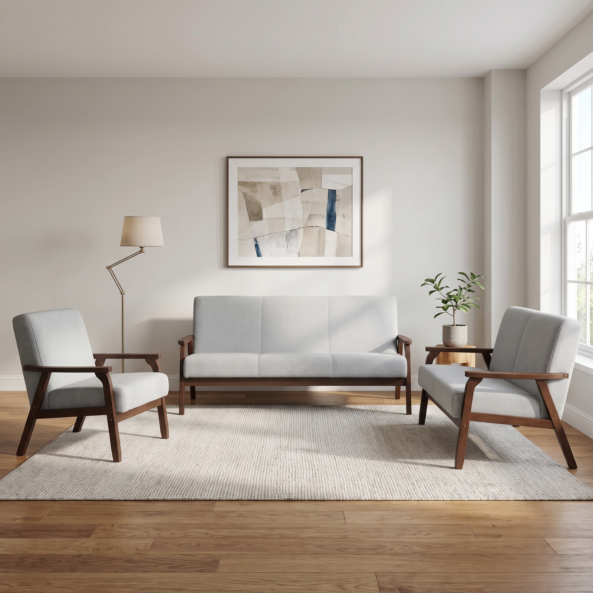 Donald 3+2+1 Seater Sofa Set in light grey fabric with dark walnut timber frames, styled in a modern living room