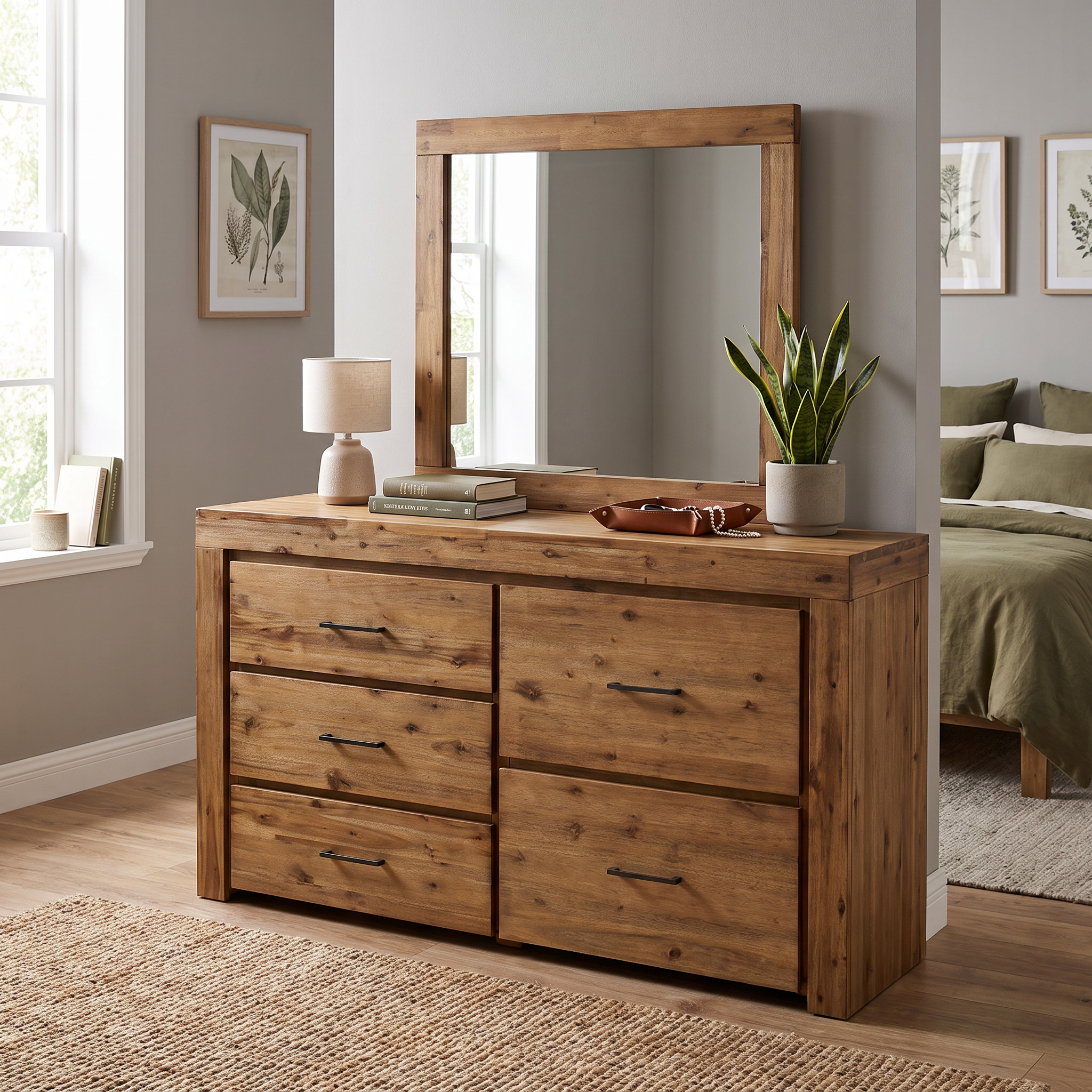 Joyner Dresser with solid acacia wood mirror, five drawers, in a modern rustic bedroom setting.