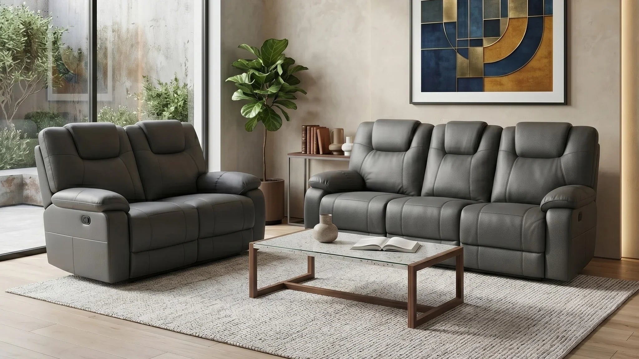 Modern living room with gray fabric sofa set and abstract wall art