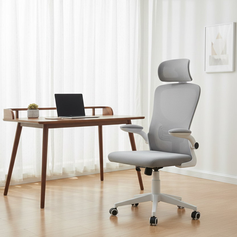 Gray office chair in a room with a desk and plants