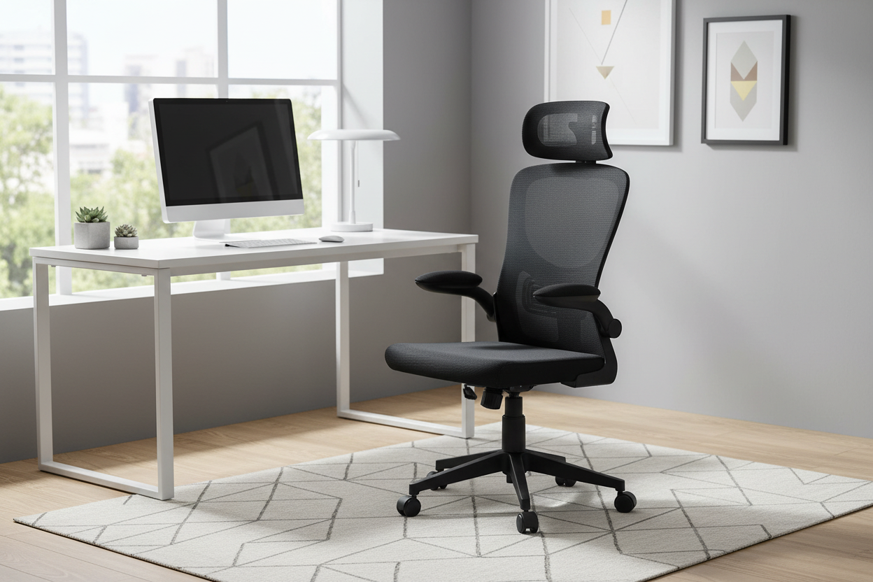 Modern office setup with a black ergonomic chair and white desk.