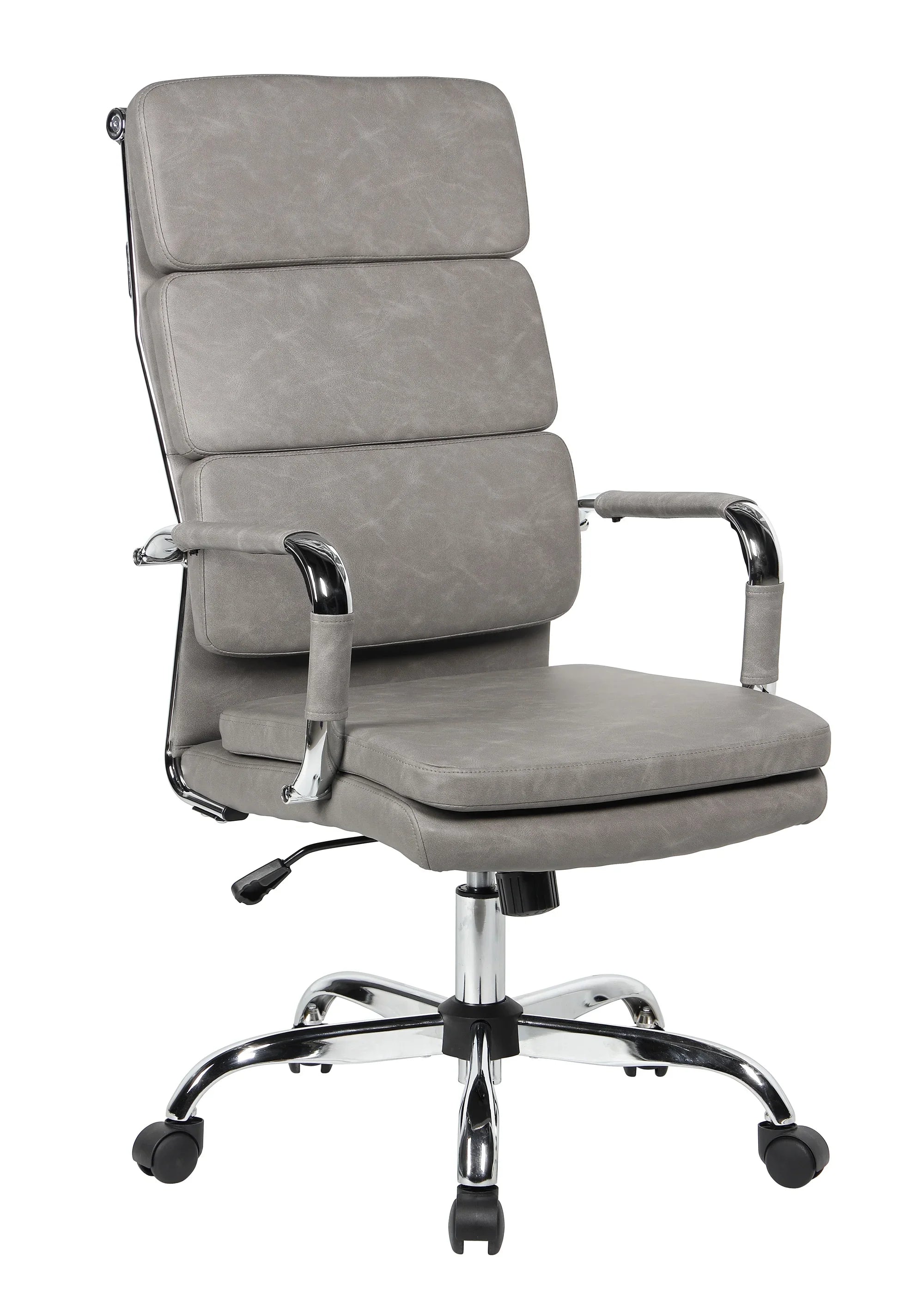 Gray office chair with high backrest and chrome base on a white background