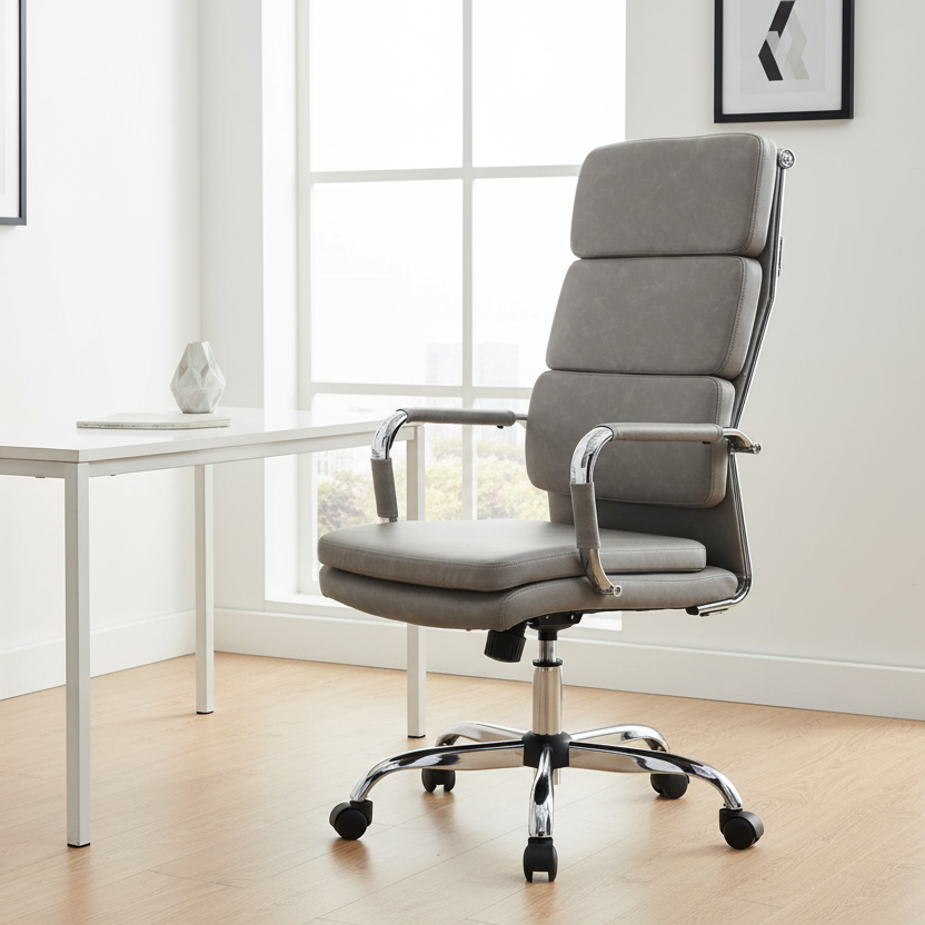 Gray office chair in front of a white desk with large windows in the background