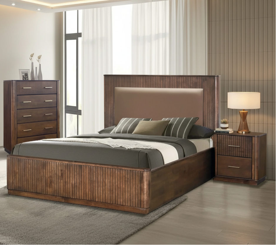 Wooden bedroom furniture set with bed, dressers, and nightstands in a well-lit room.