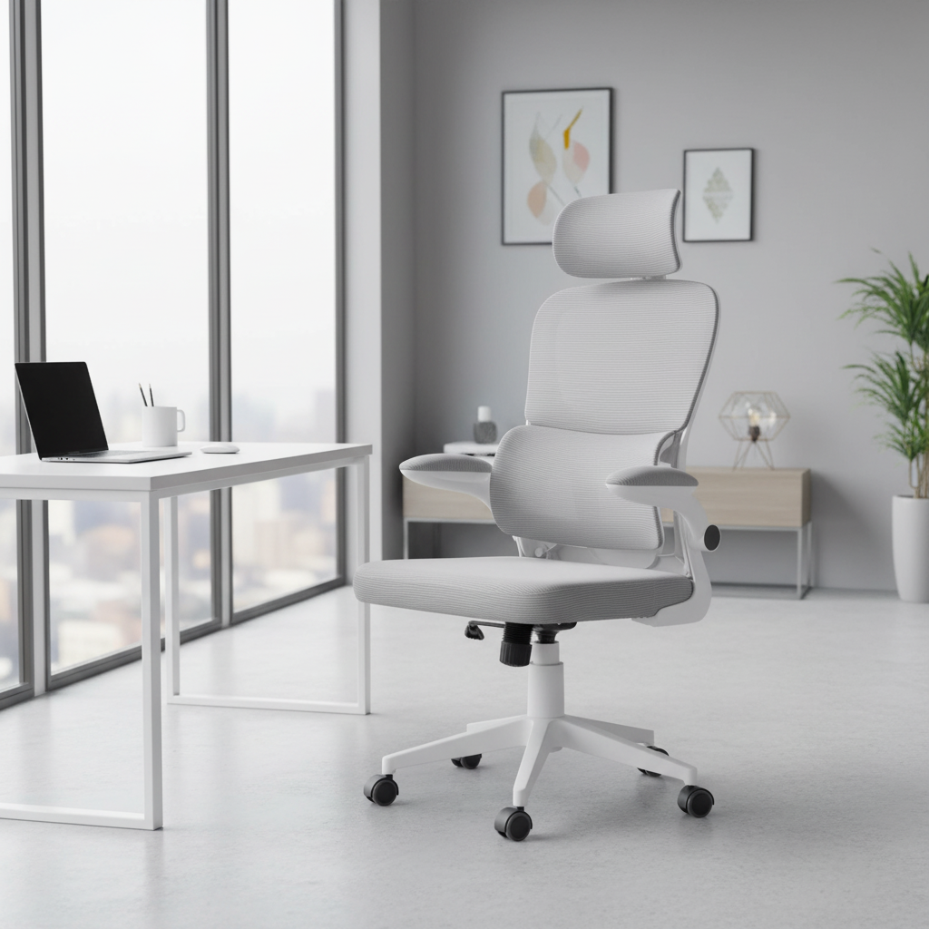 Modern office chair in a bright room with a desk and decor