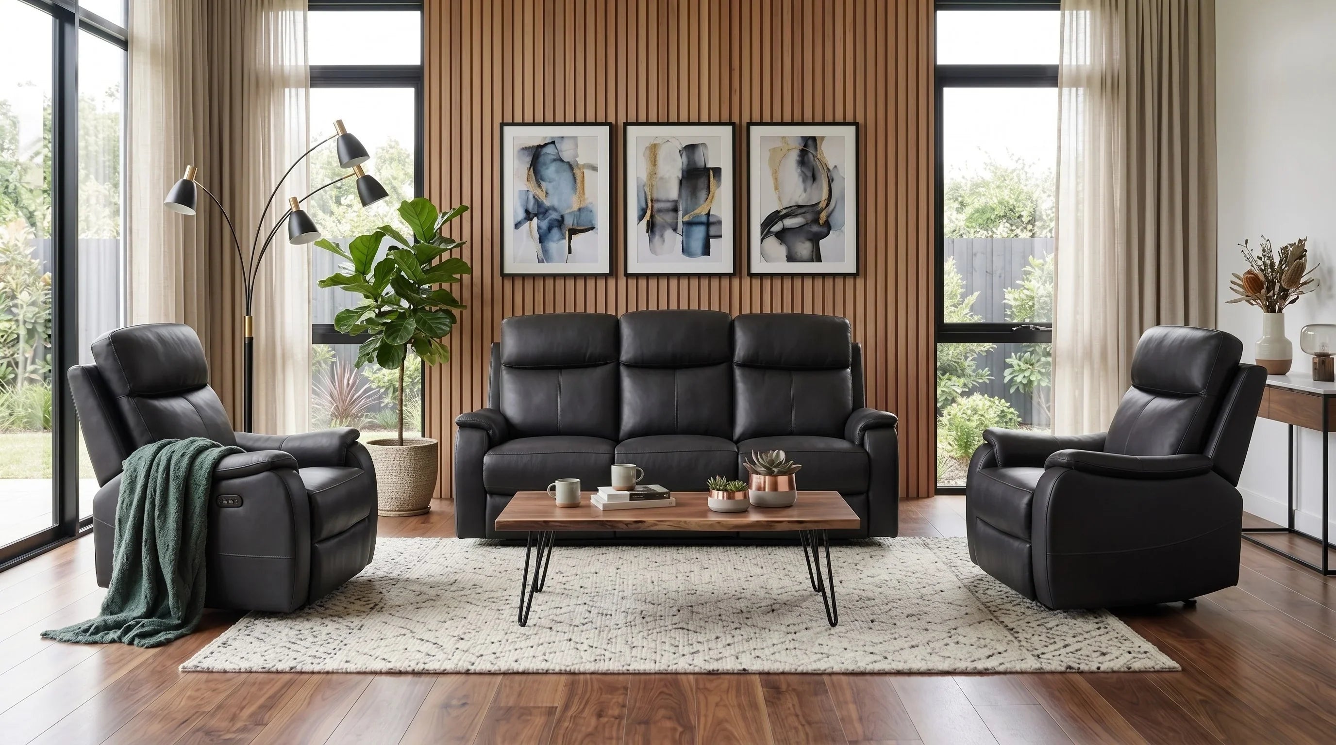 Concord 3+1+1 Black Leather Electric Recliner Package