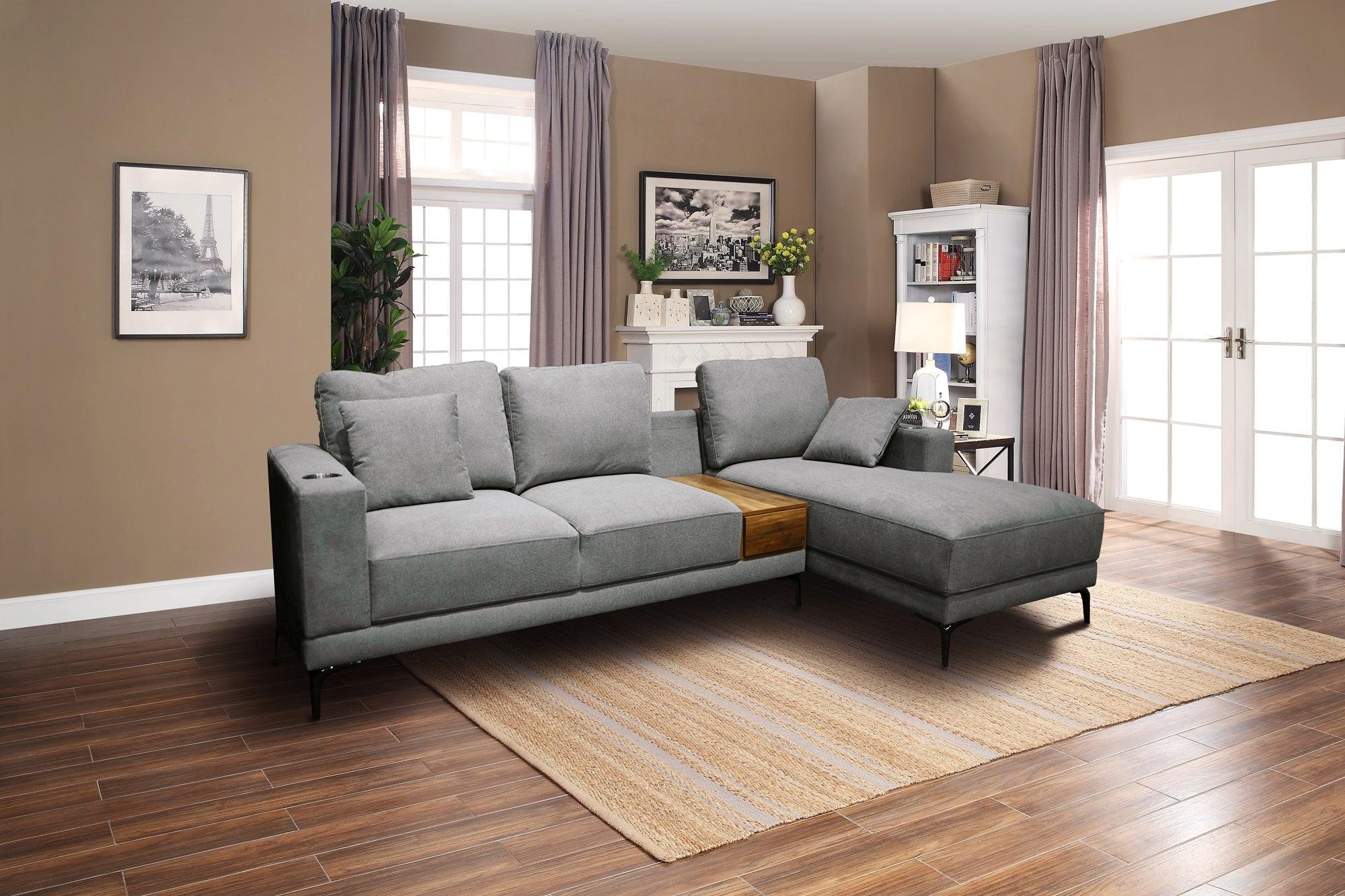 Sunday 3 Seater Chaise Sofa in light colour, Fabric upholstery, cupholders, USB charger, storage