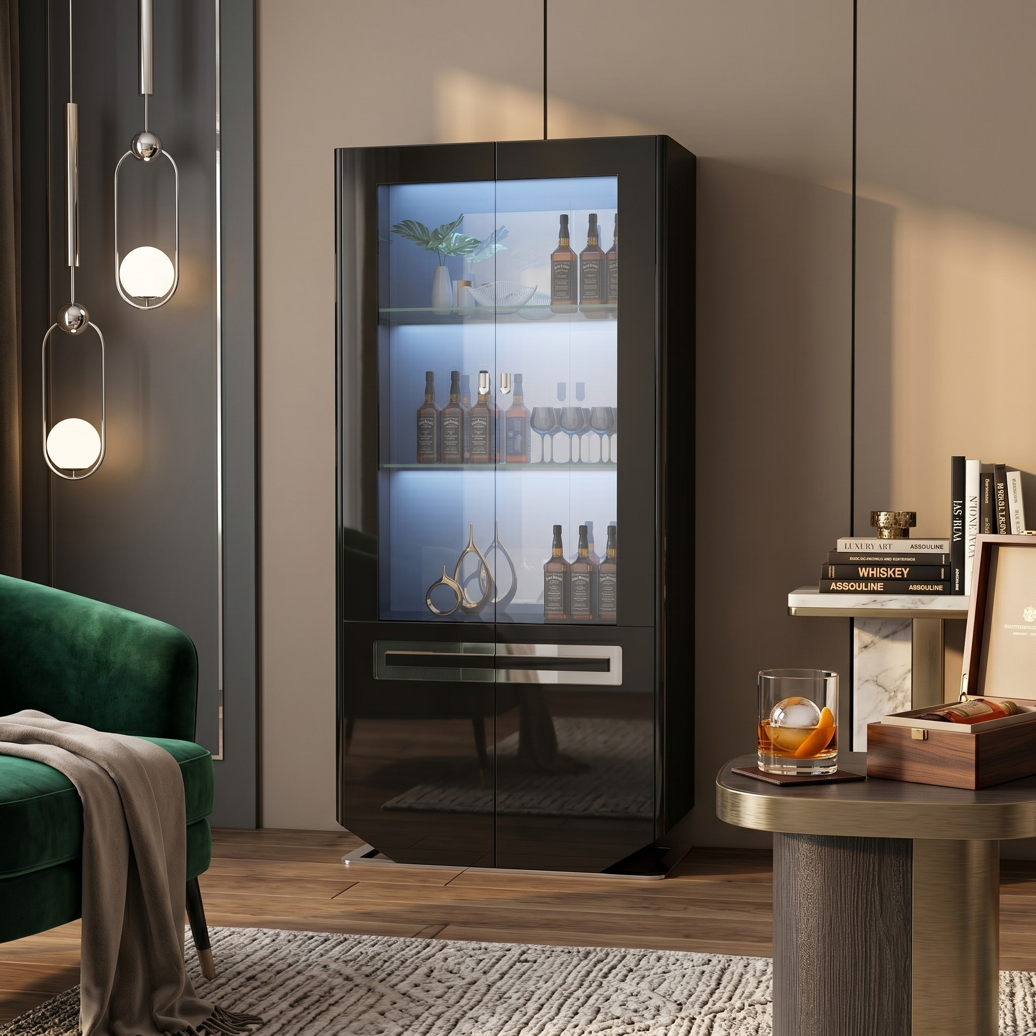 Modern interior with a black bar cabinet displaying bottles, a green sofa, and a small table with a glass of whiskey.