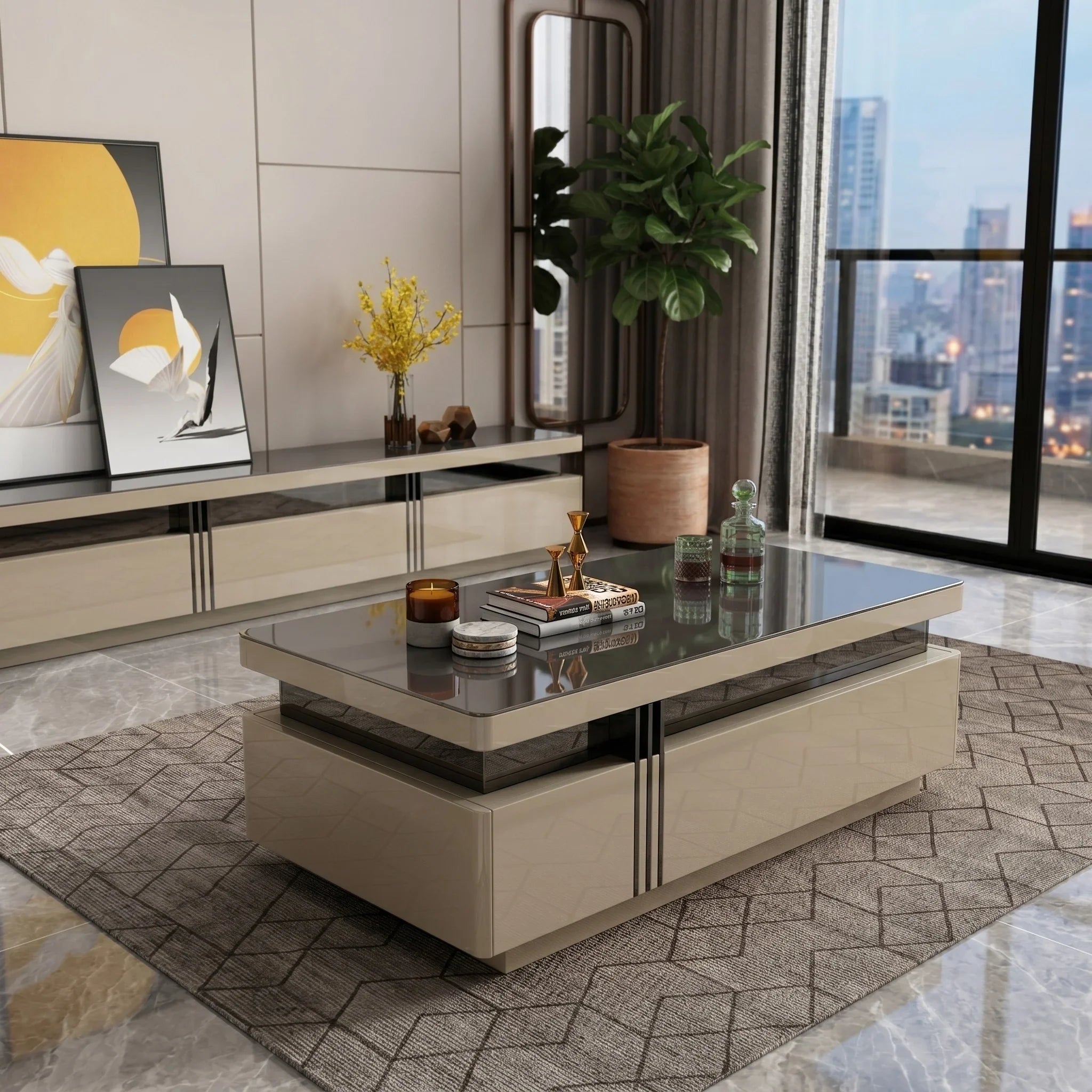Modern living room with a coffee table, decorative items, and cityscape view.