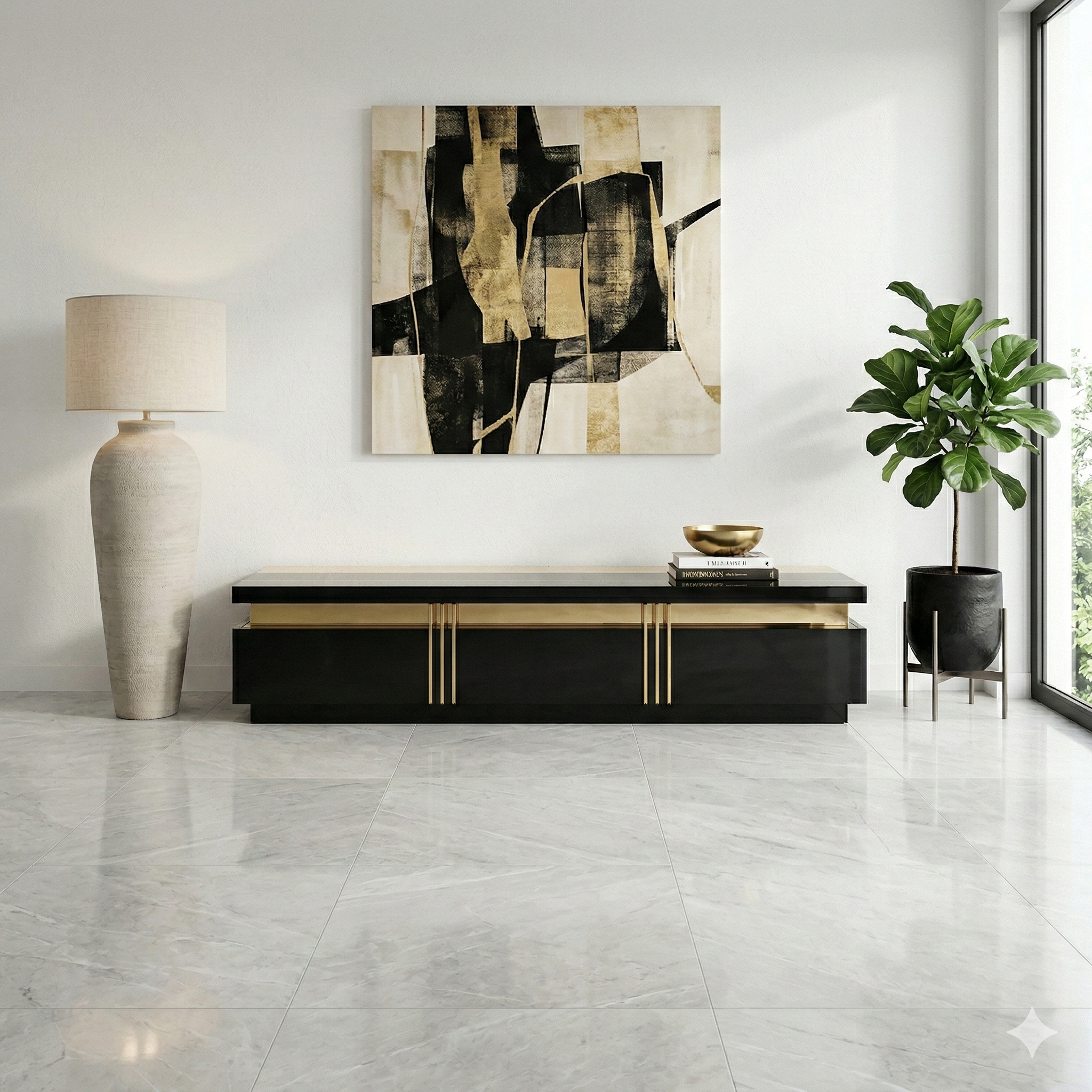 Modern interior with a black and gold TV unit, an abstract painting, and a lamp.
