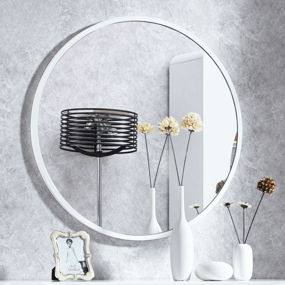 Dior White Round Wall Mirror. Modern white frame, circle mirror. Shop online & in-store Brisbane, Gold Coast.