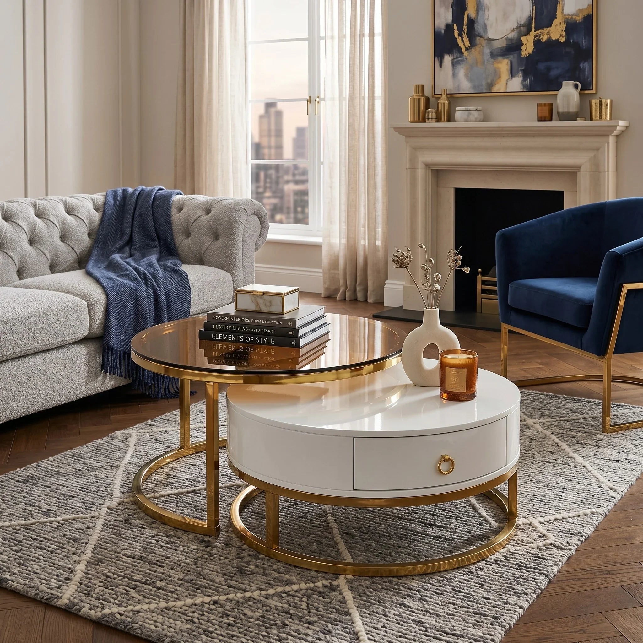 Living room with a round coffee table, gray sofa, and blue armchair.