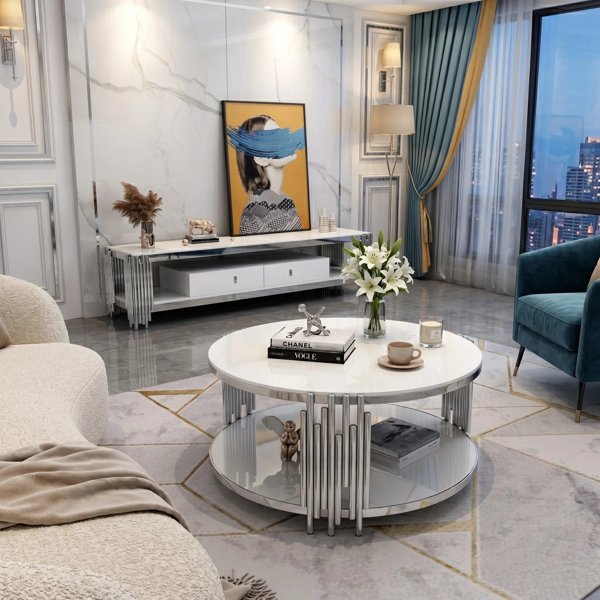 Modern living room with a round coffee table, sofa, and decorative items.
