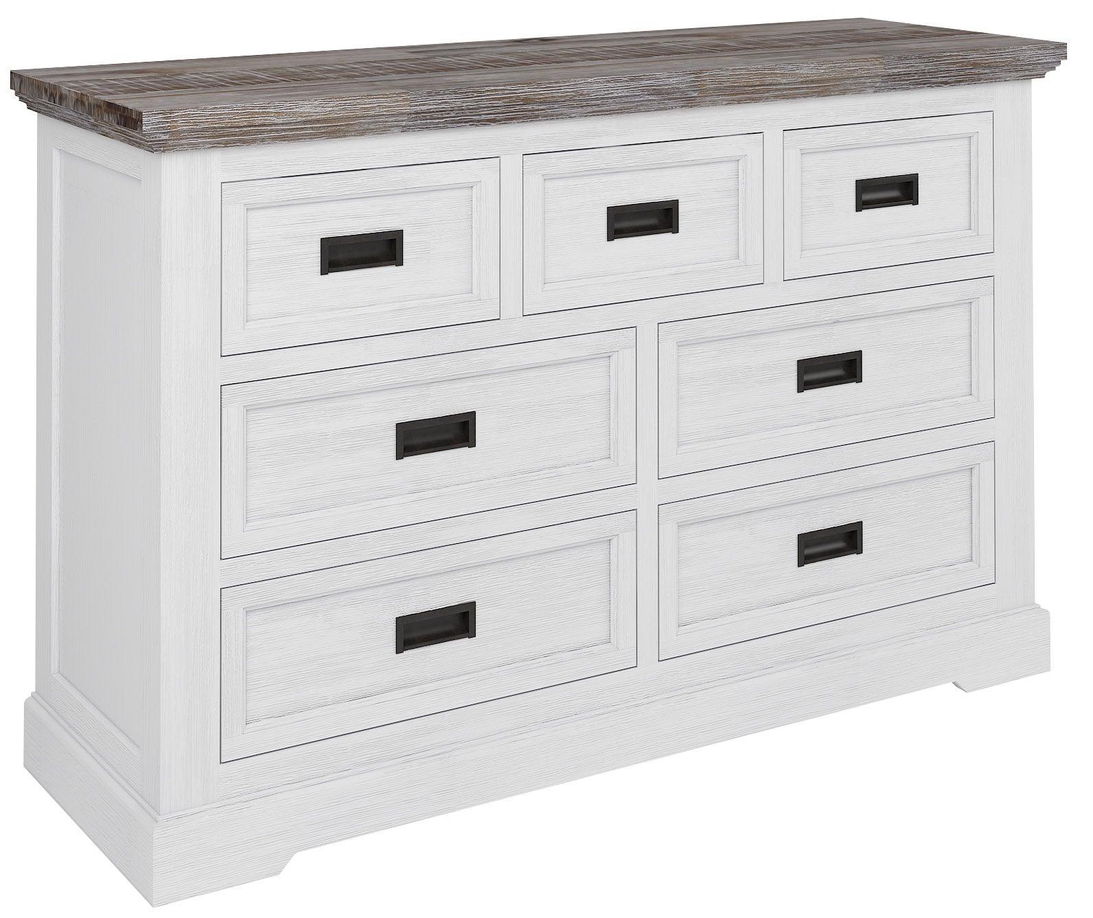 White wooden dresser with seven drawers and rustic wood top