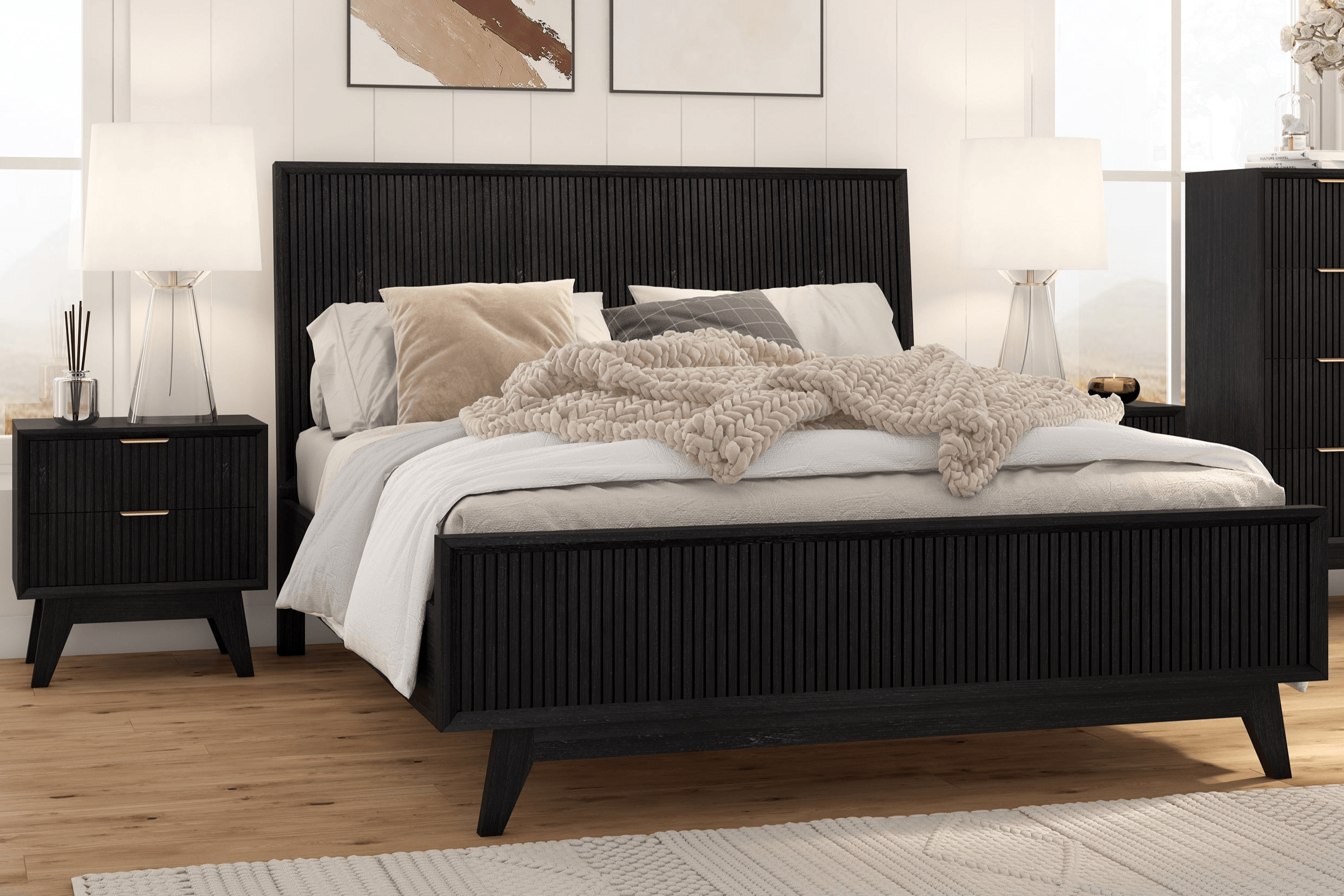 Tennyson 3 Piece Bedroom Suite - Modern Acacia Wood Bed Frame and Side Tables in Brushed Black Finish
