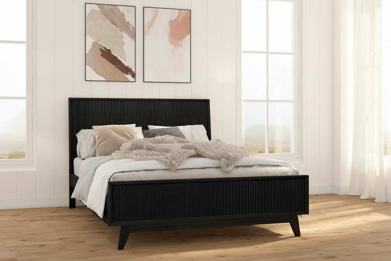 Modern bedroom with a wooden black bed frame.