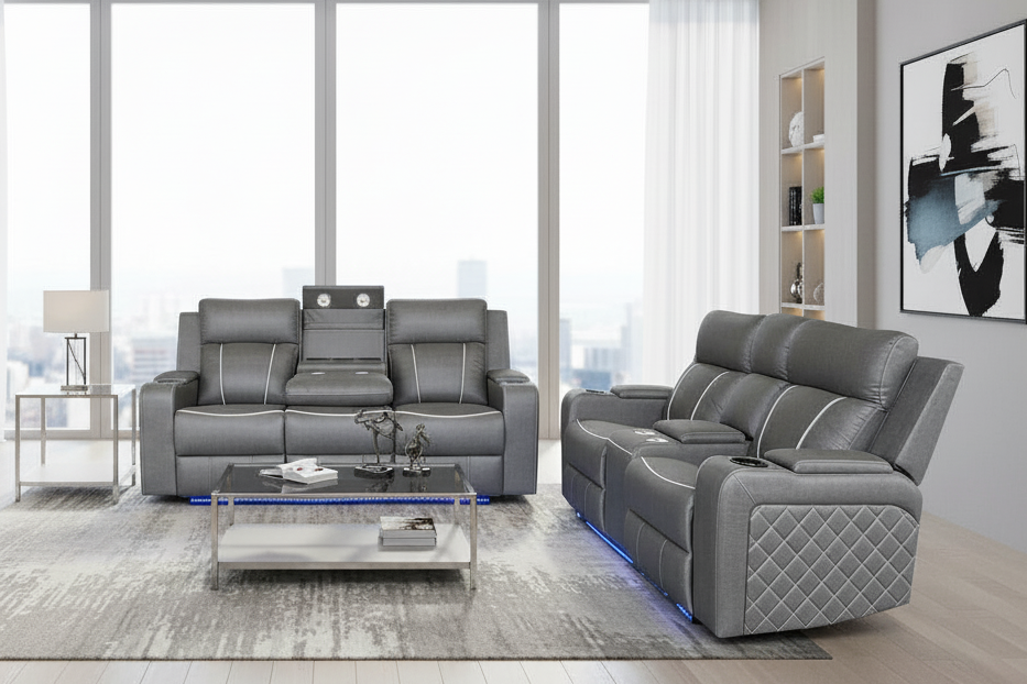 Modern living room with gray fabric sofa set and large windows.
