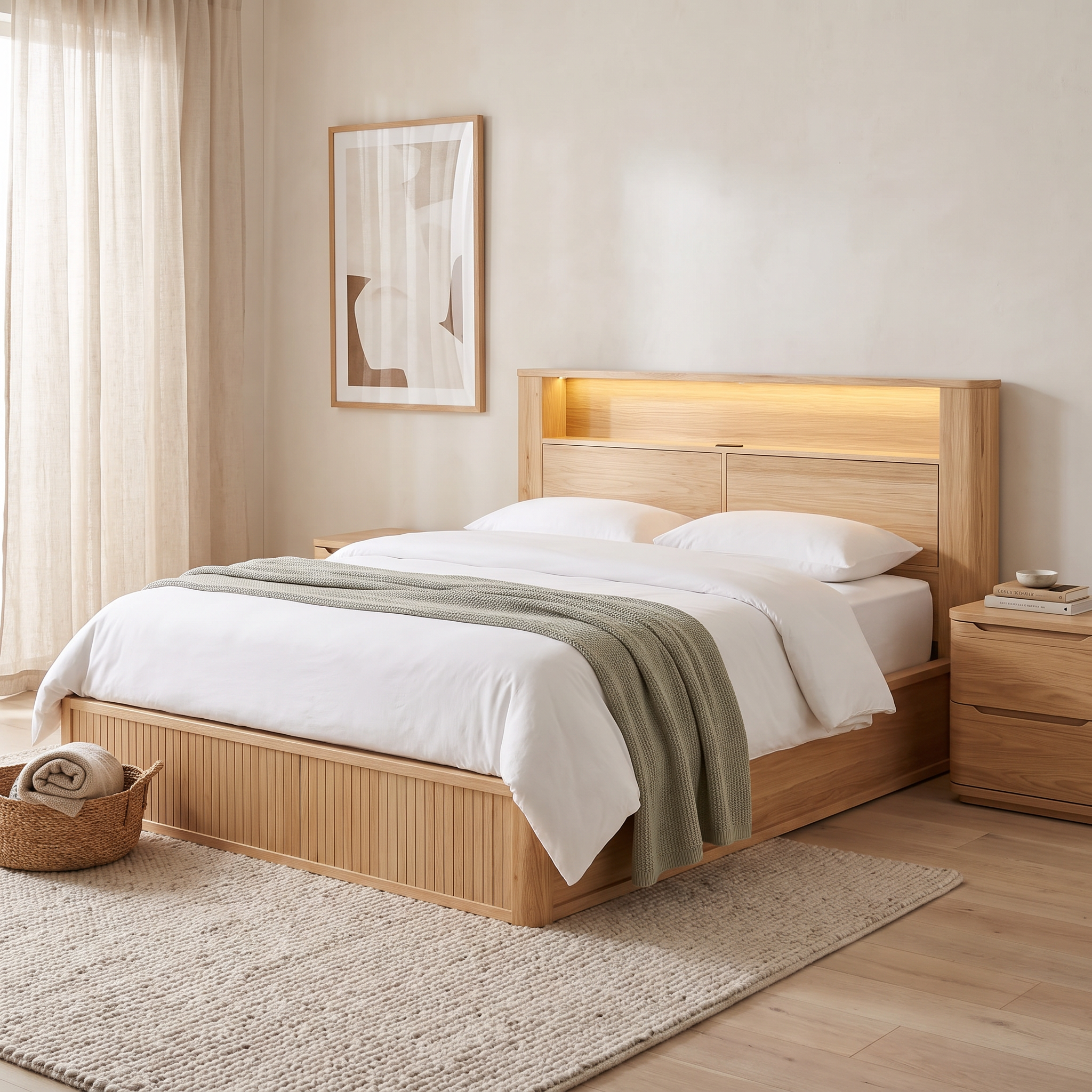 Canberra gas lift bed frame in pale blonde oak, angled view showing the LED-lit shelf headboard with two push-open compartments and the finely fluted base sitting flush to the floor - The A2Z Furniture
