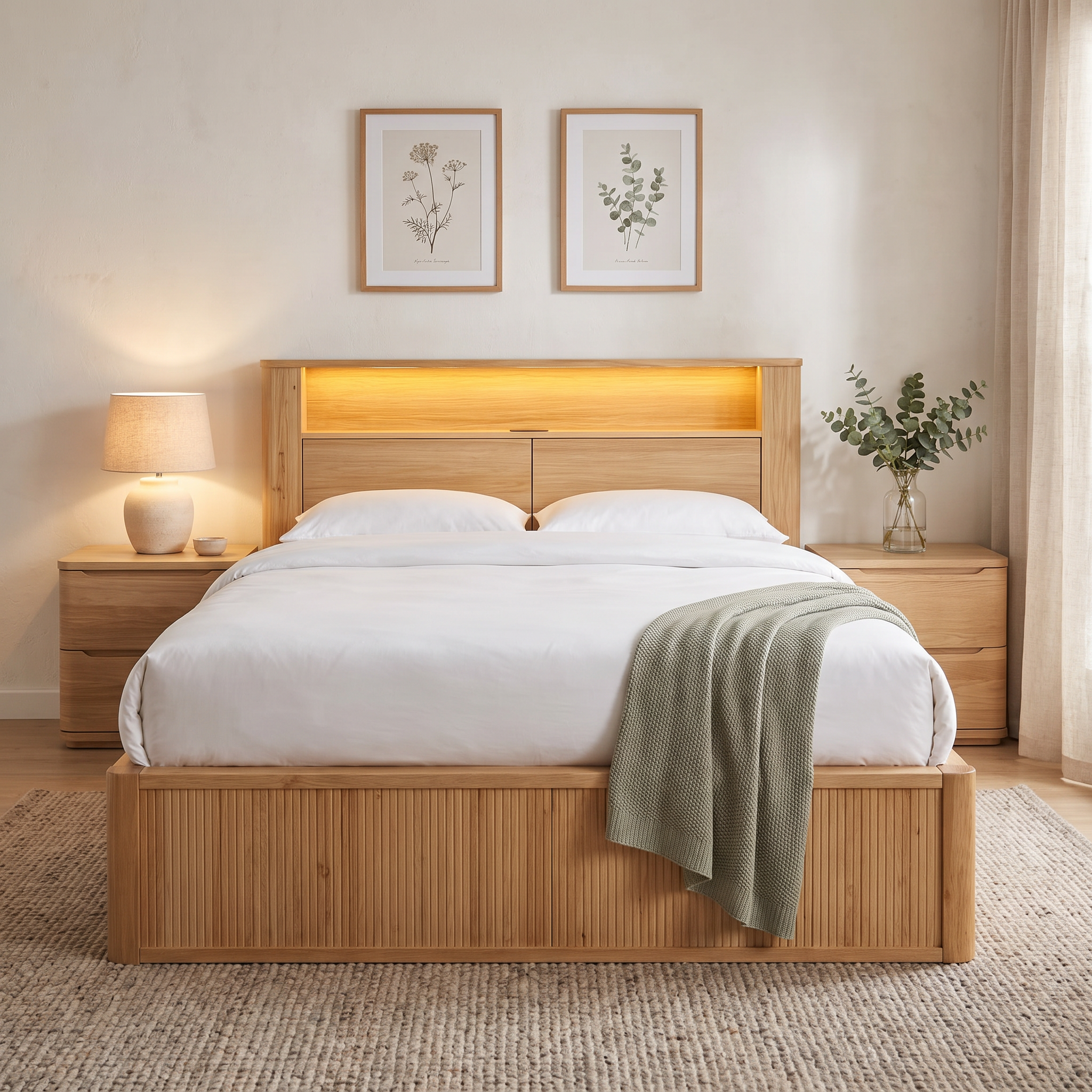 Canberra gas lift bed frame, front view of the plain pale oak headboard with its LED-lit display shelf, flush USB charging port and two push-open storage compartments - The A2Z Furniture