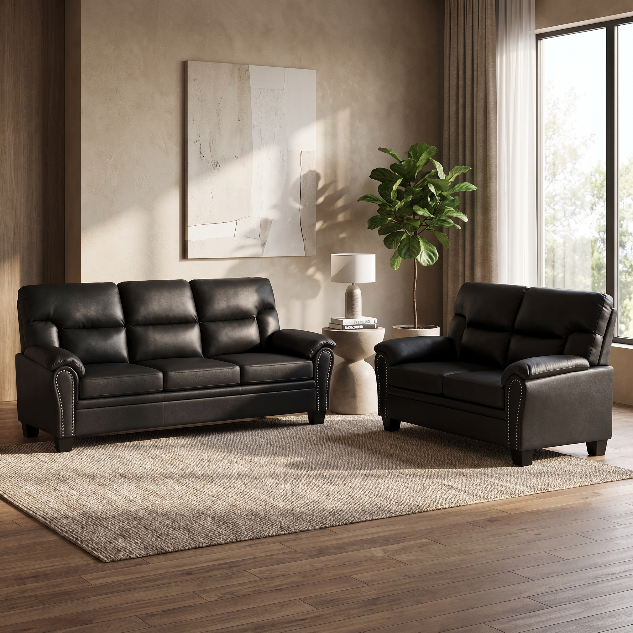 Sebastian 3 & 2 Seater PU Leather Sofa Set in black leather with studded rolled arms, styled in a modern living room