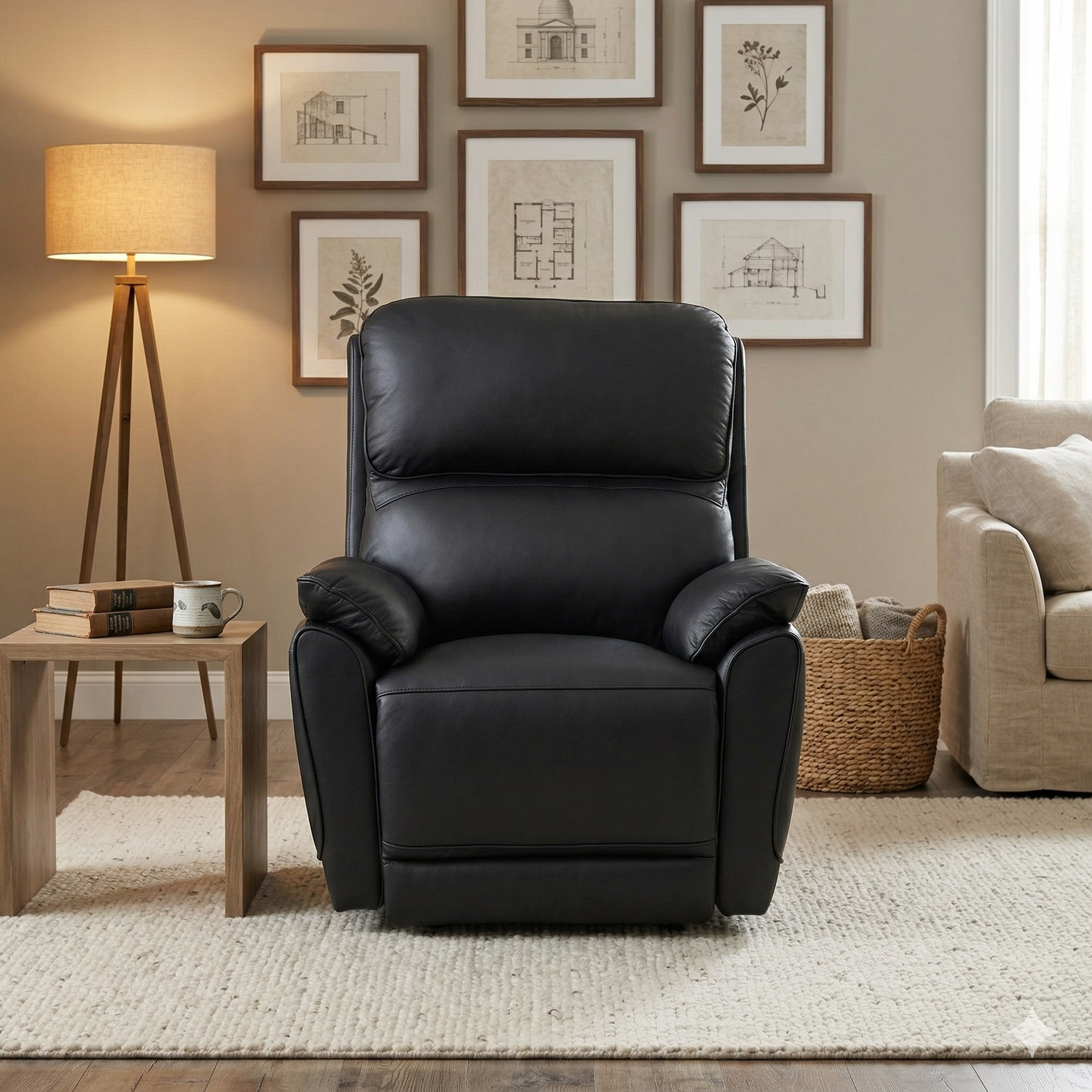 Black leather recliner chair in a living room setting with framed pictures on the wall.