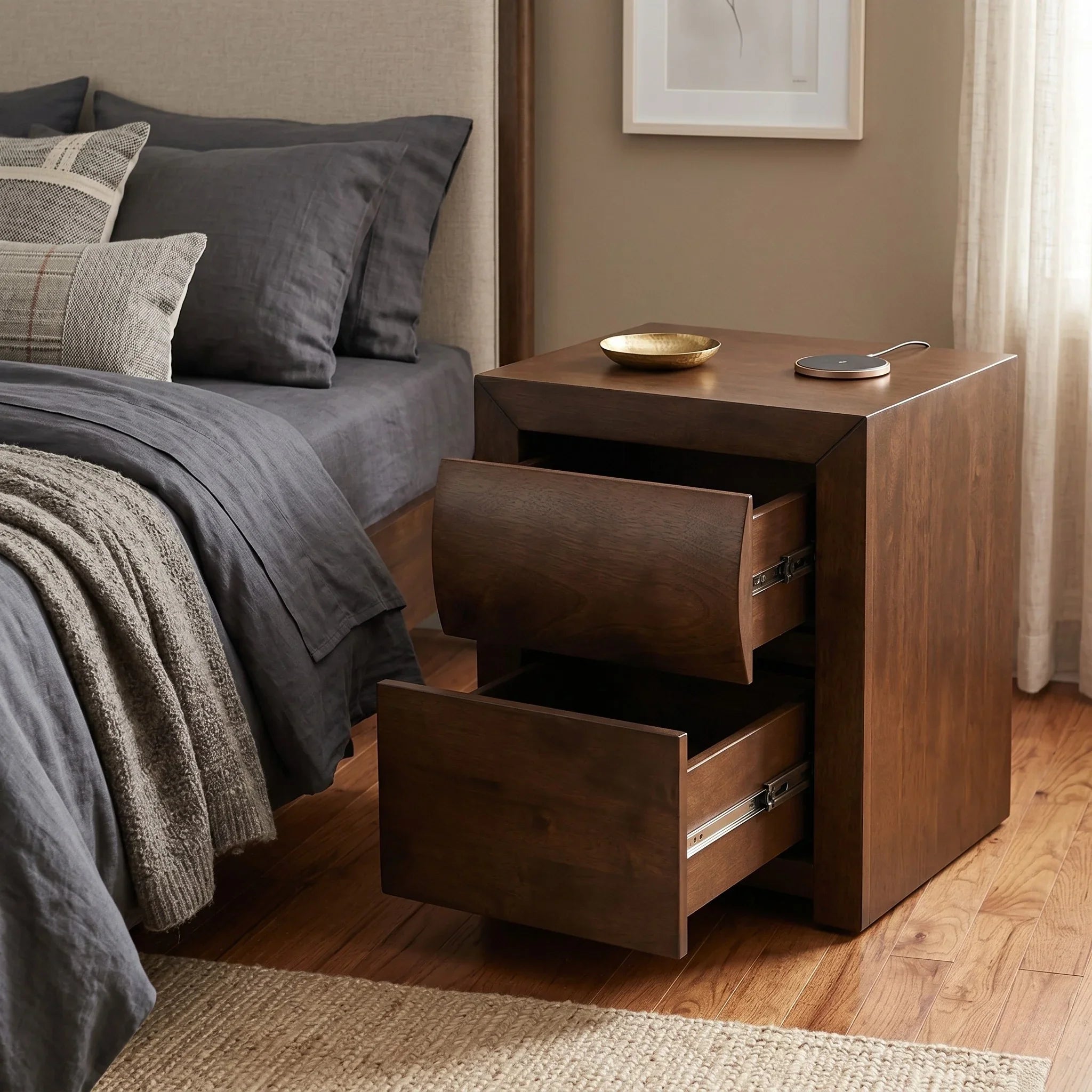 Wooden nightstand with open drawer next to a bed with gray bedding.