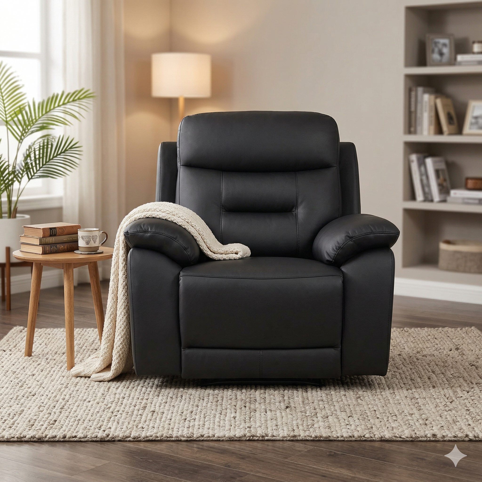 Black leather recliner chair in a living room setting with a side table and books.