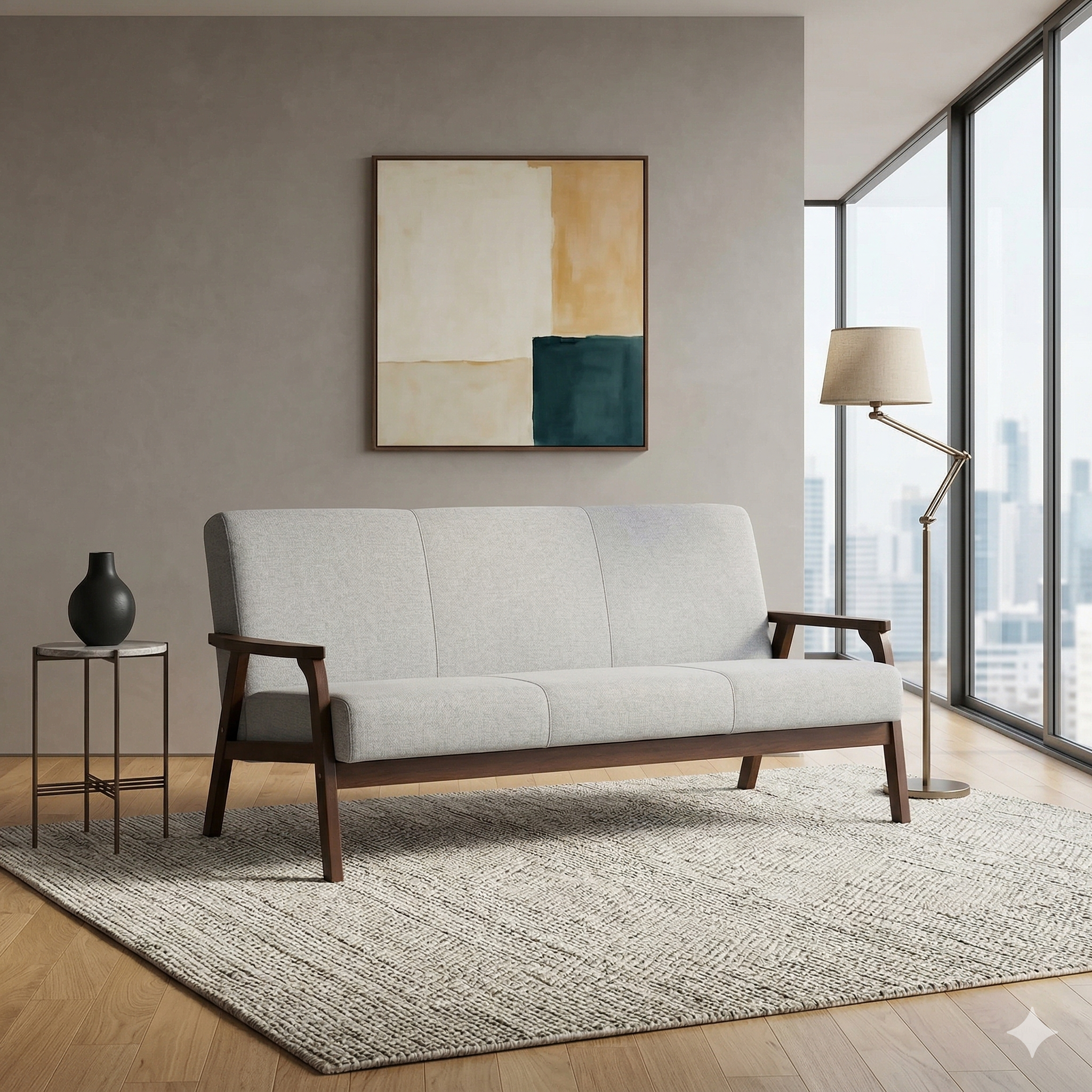 Gray sofa in a modern living room with abstract art and large windows.