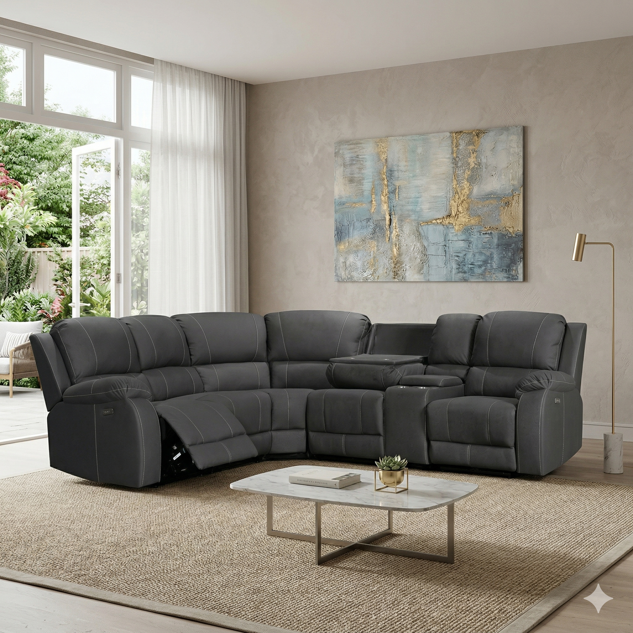 Black sectional sofa in a living room with a coffee table and abstract painting on the wall.