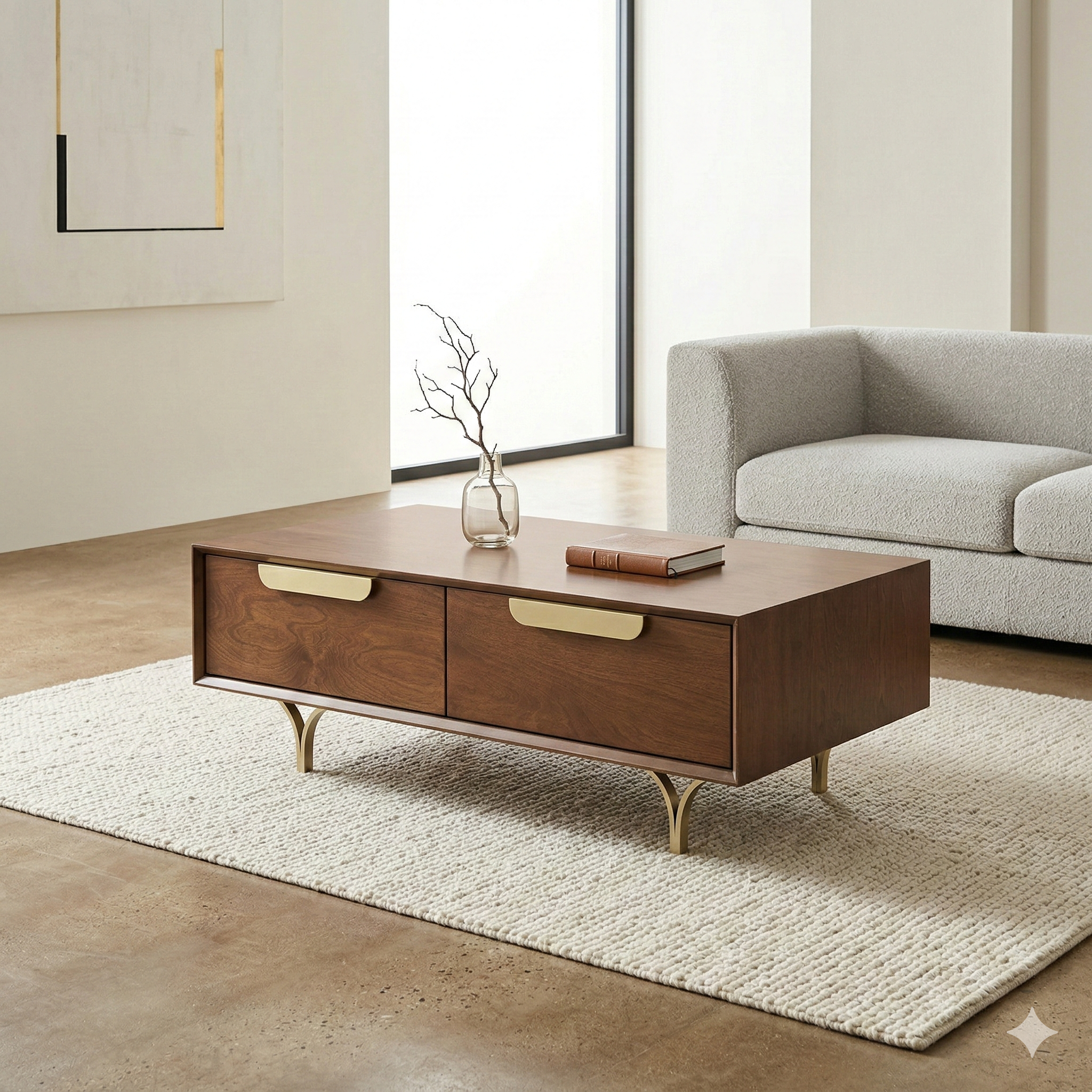 Wooden coffee table with drawers in a modern living room setting
