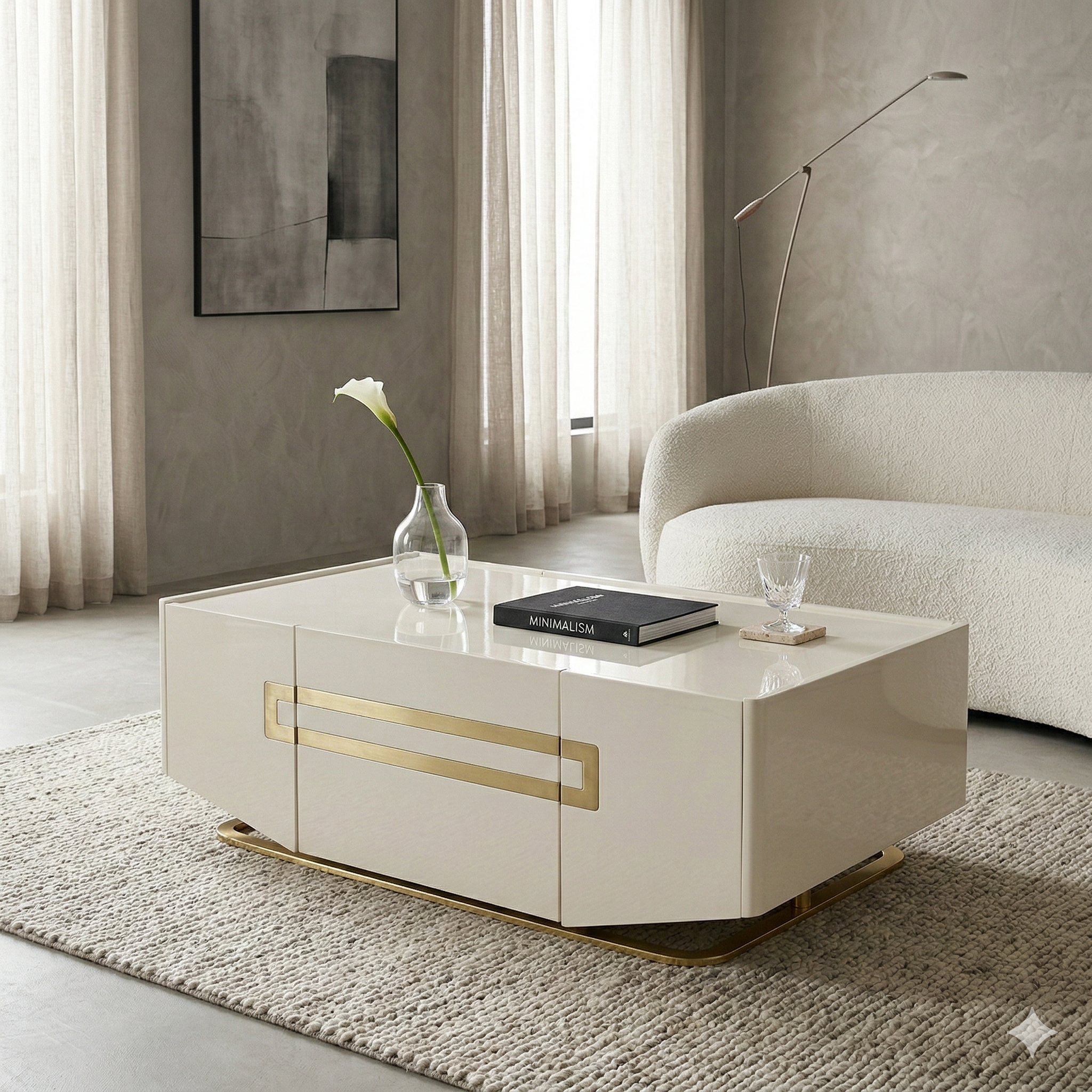 Modern living room with a cream coffee table, sofa, and decorative elements.