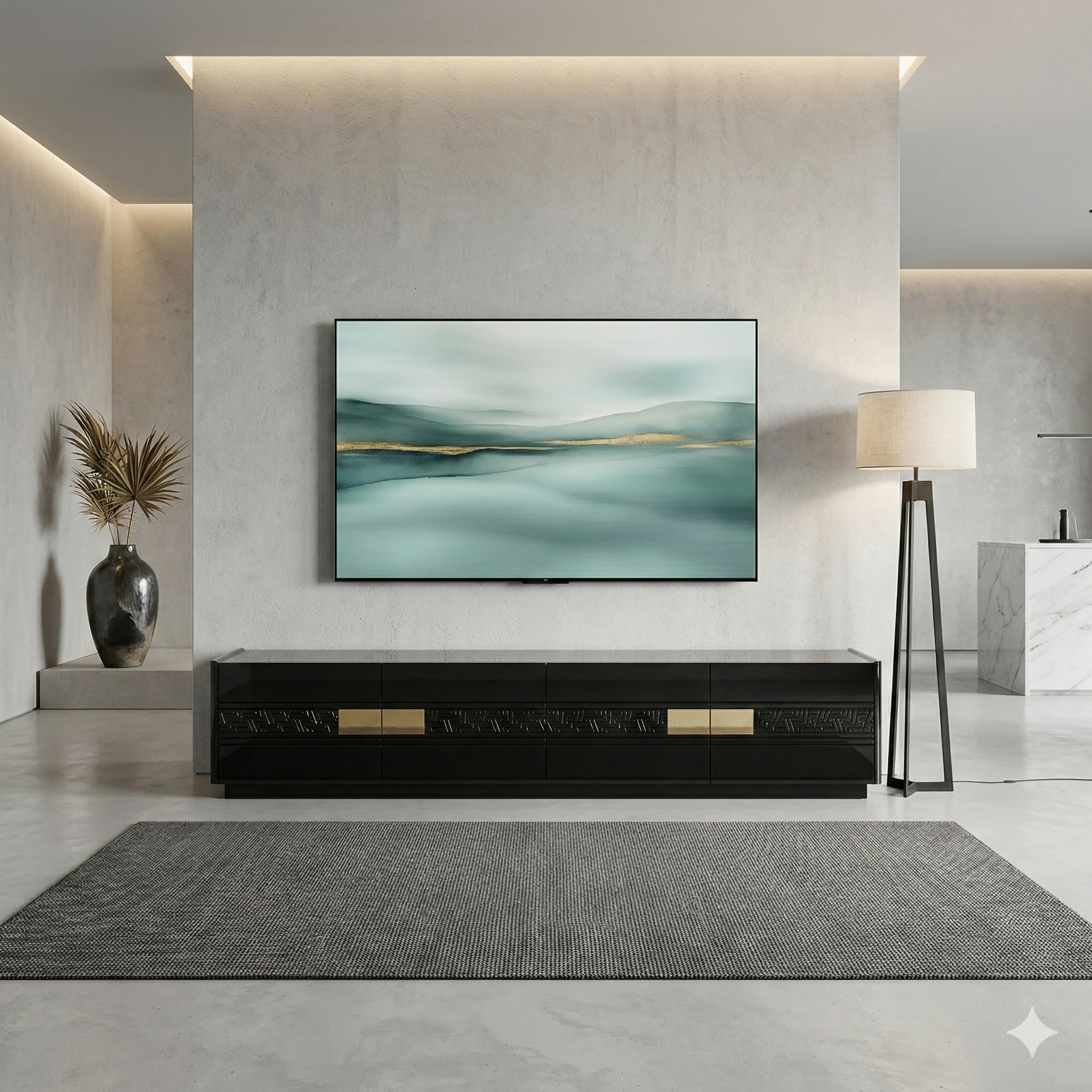 Modern living room with a television displaying a nature scene, a black entertainment console, and decorative elements.