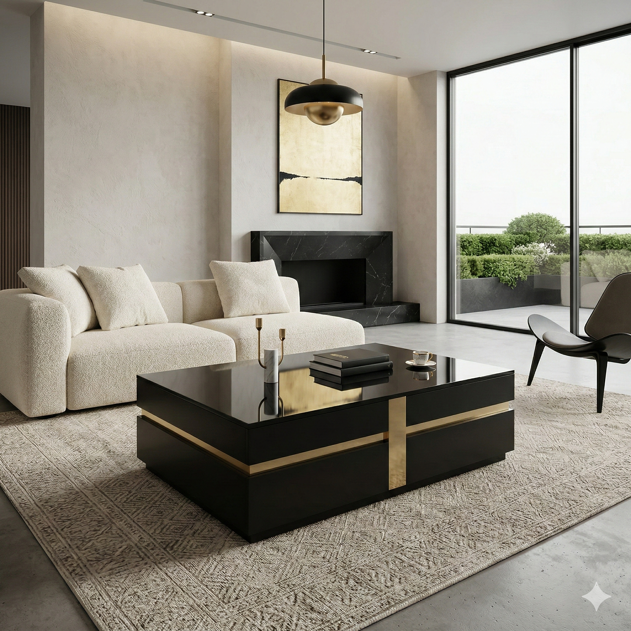 Modern living room with a black coffee table, white sofa, and large windows.