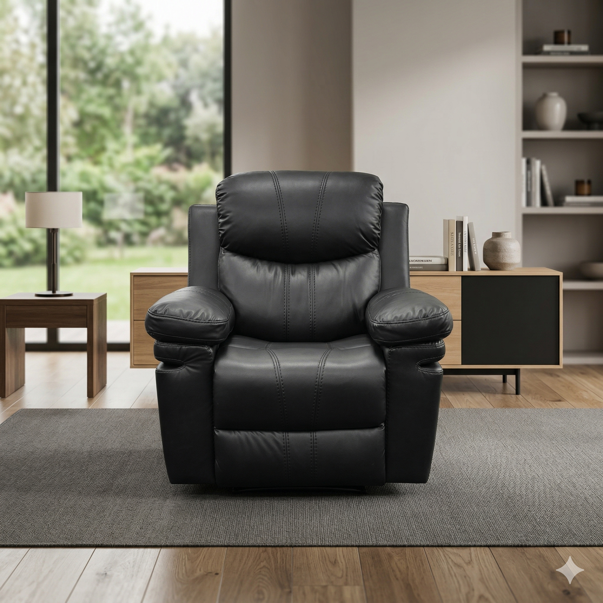 Black leather recliner chair in a modern living room setting.