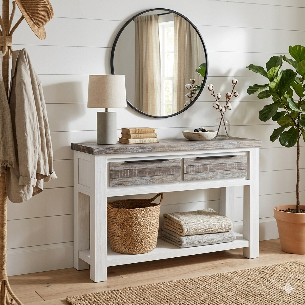 A beautifully styled modern farmhouse entryway featuring a two-tone console table with a distressed grey wood top and drawers on a white frame. The table holds a concrete lamp, a stack of books, and cotton stems. Above, a round black mirror reflects a window. The lower shelf has a woven basket and folded blankets. A rustic coat stand and a large fiddle-leaf fig tree complement the scene.
