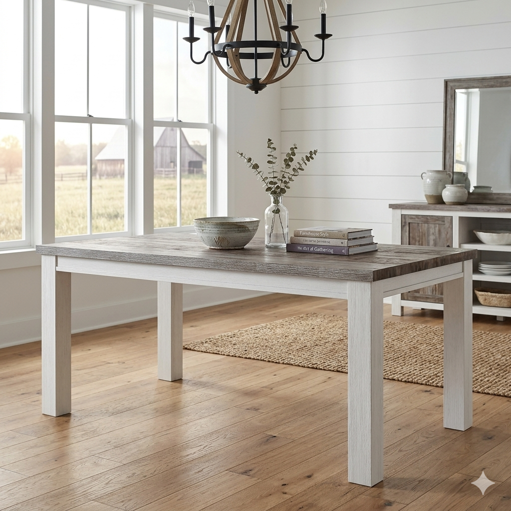 A square image captures a modern farmhouse dining room featuring a dining table with a dark grey-brown wood grain top and textured white legs. The table is centered on a jute rug over light wood floors, set against a shiplap wall with large windows looking out to a farm and barn. A spherical wood and metal chandelier hangs above the table, and in the background is a white and wood buffet with a large mirror and ceramic vessels. The scene contains no chairs.