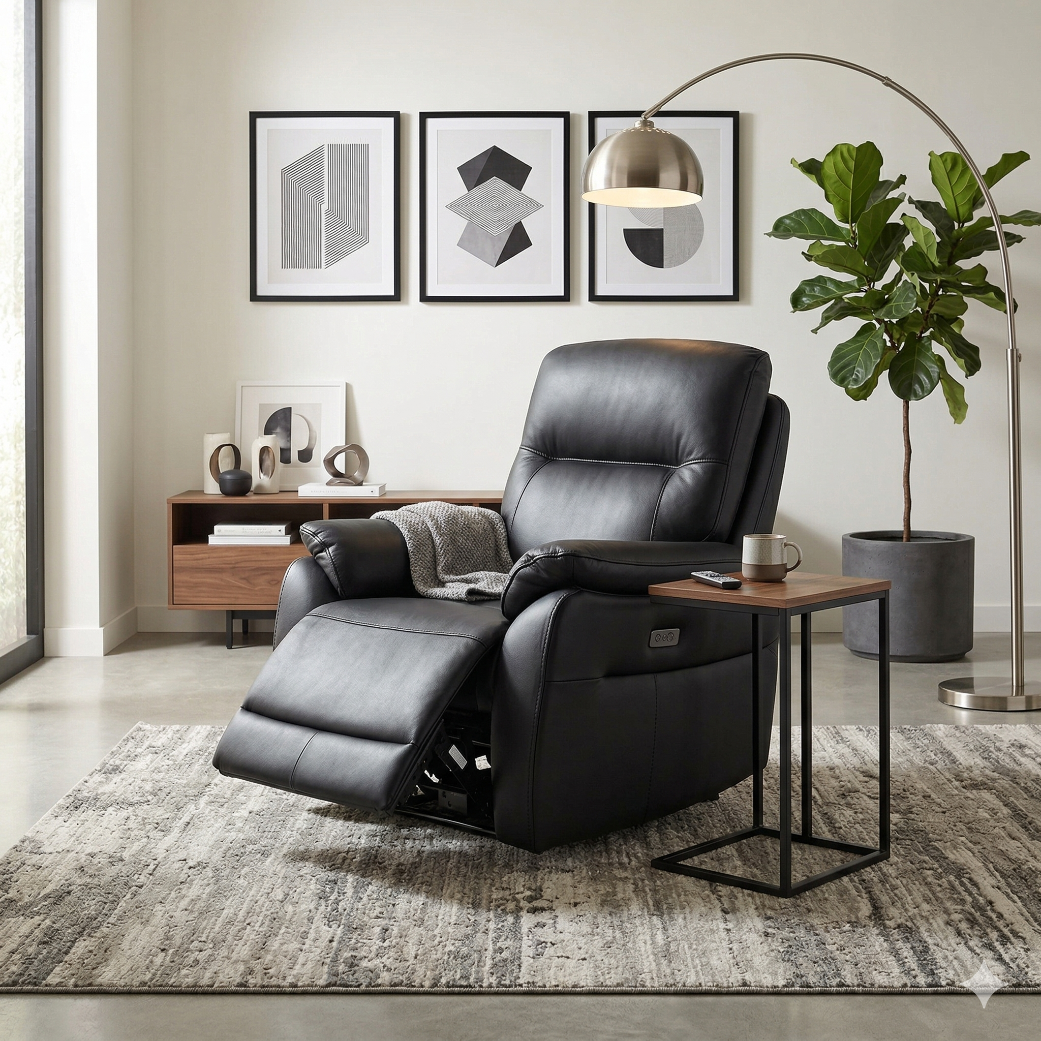 Modern living room with a black leather recliner chair, side table, and decorative elements.