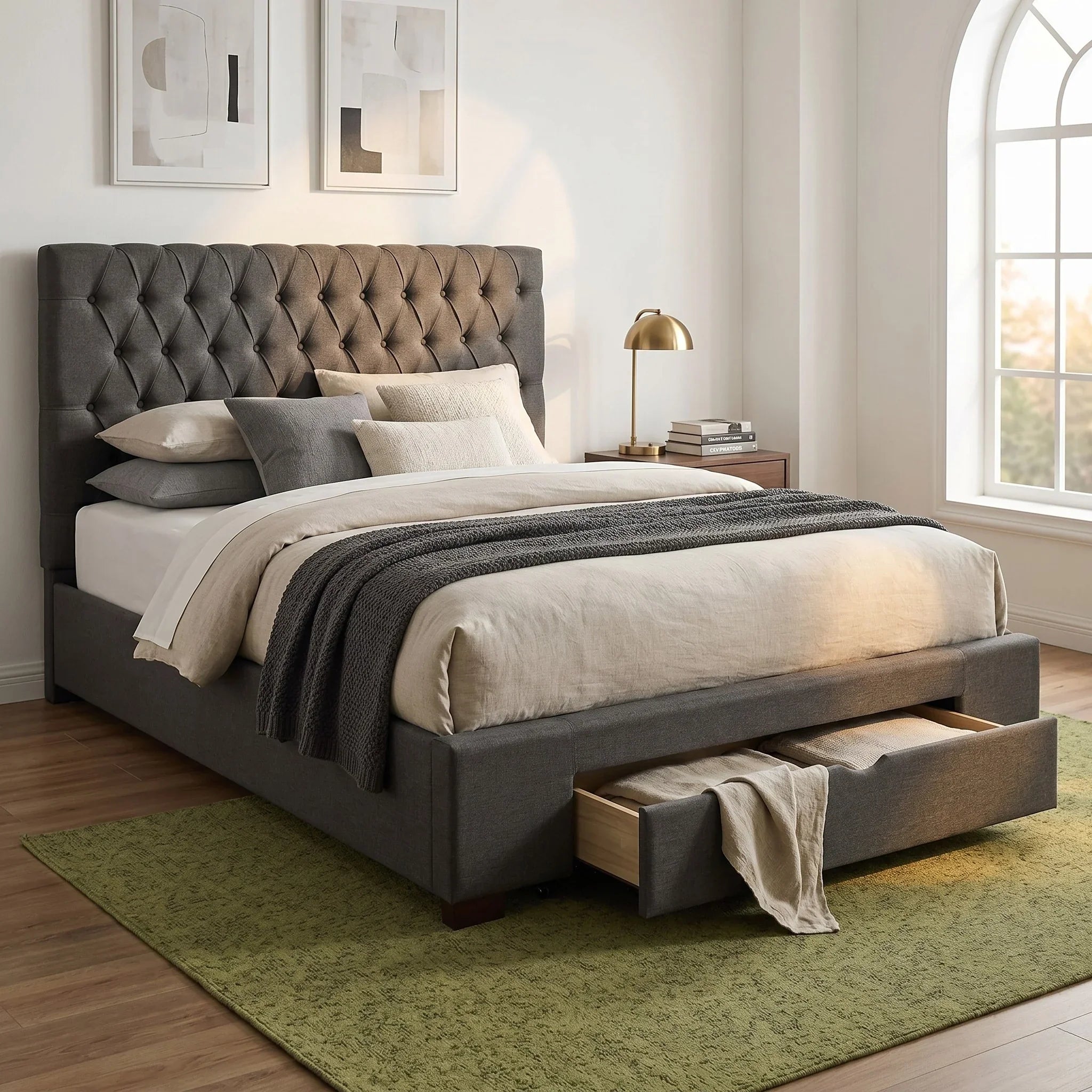 Paris upholstered bed frame with a tufted headboard in a modern bedroom setting, featuring under-bed storage drawers and neutral bedding on a green area rug.