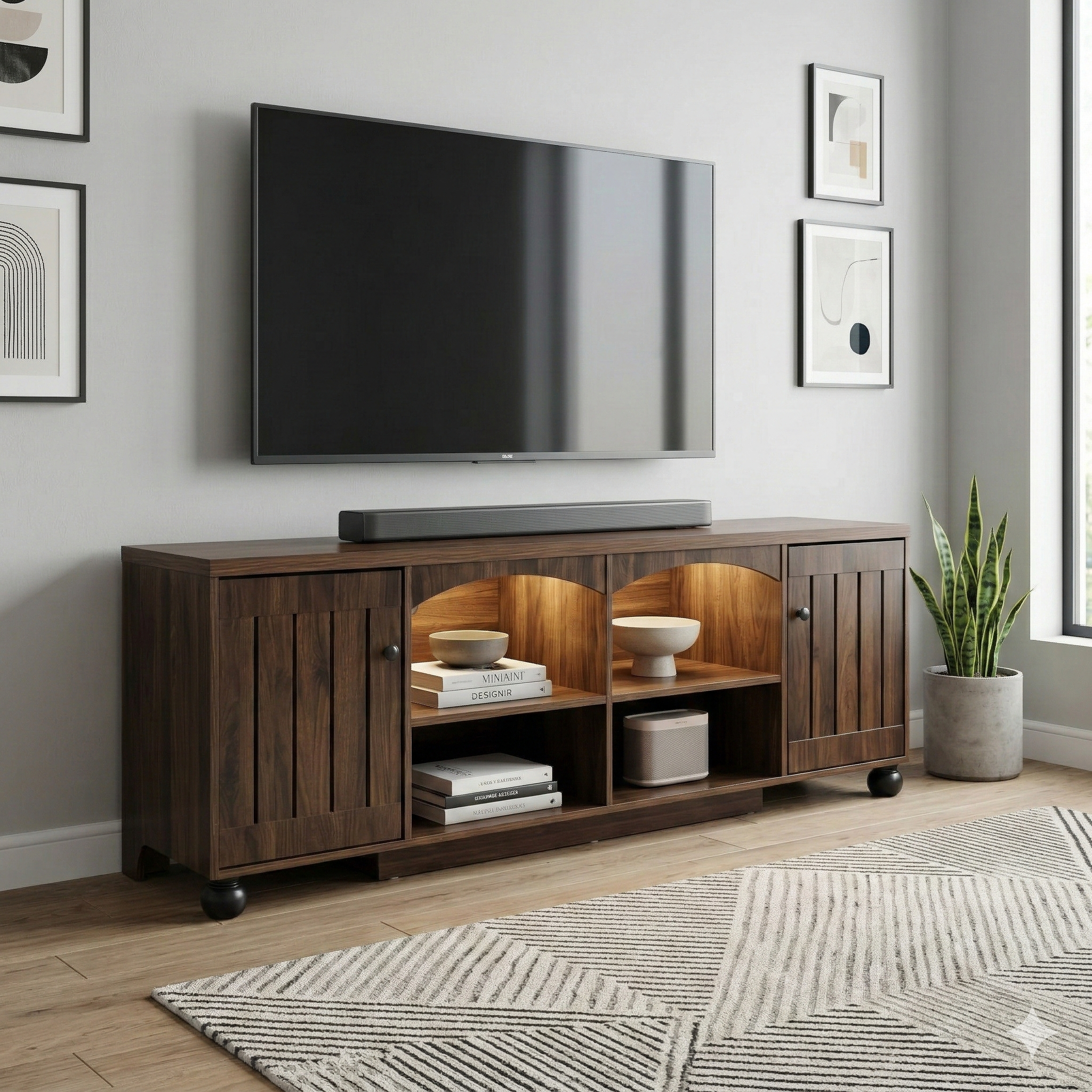 MDF TV stand with a television mounted on a wall in a room with a rug and plant.