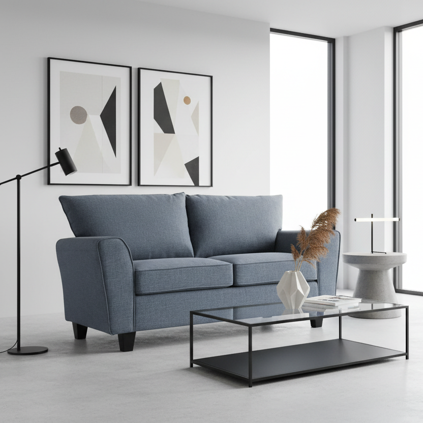 Modern living room with a gray sofa, coffee table, and abstract art on the wall.