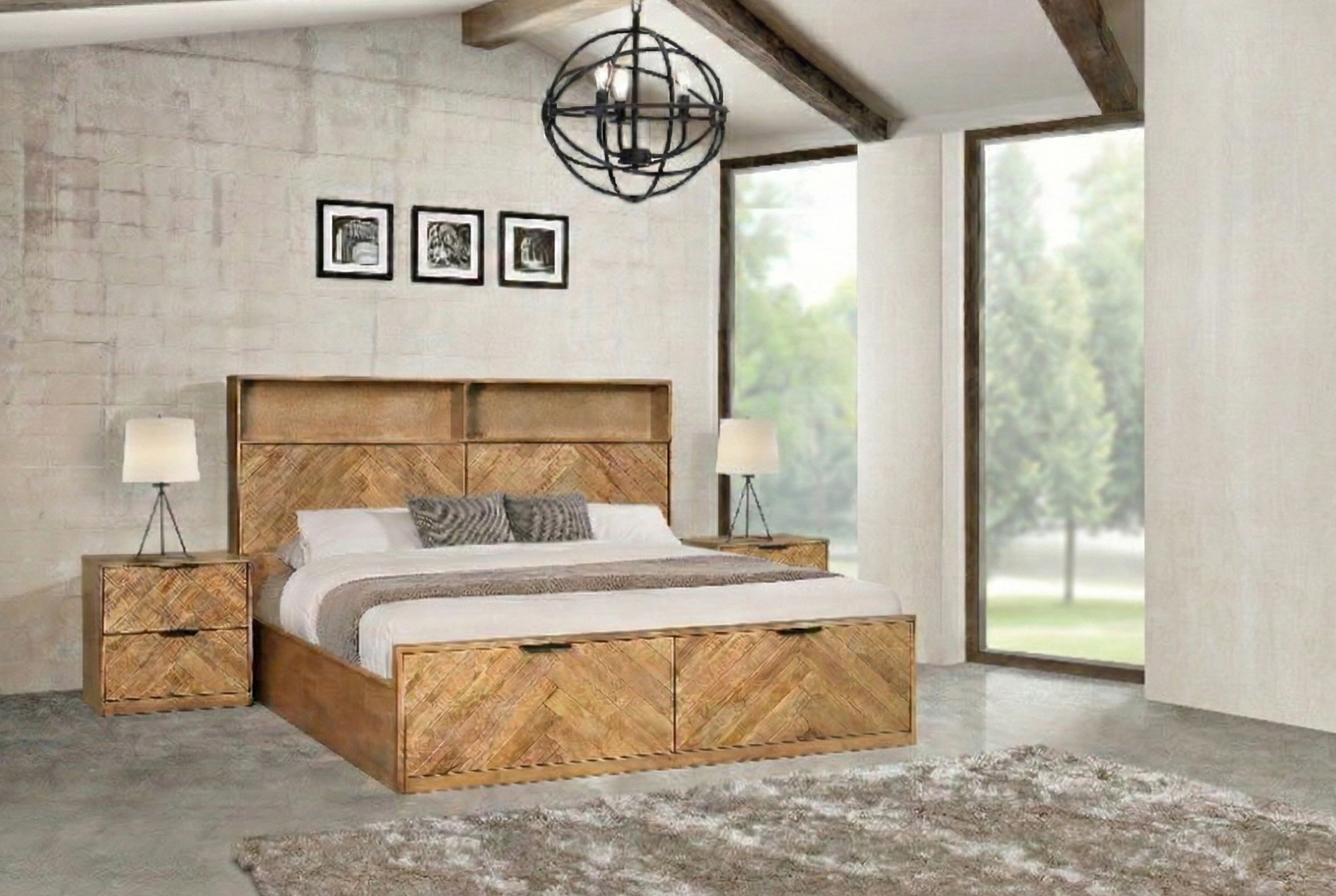 Wooden bedroom set with bed and nightstands in a modern room.