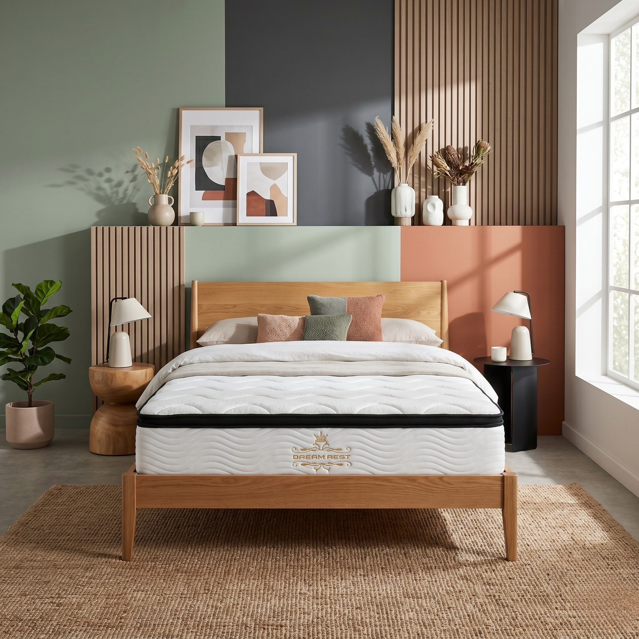 Bedroom with a wooden bed, white mattress, and decorative pillows.