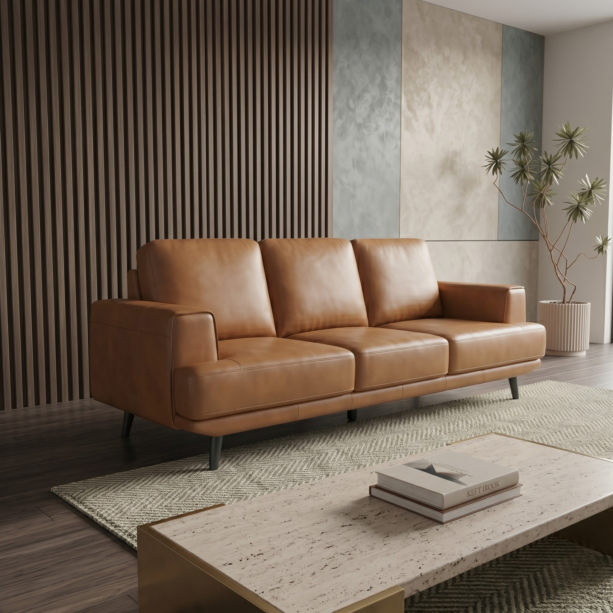 Orange leather sofa in a modern living room with a textured wall and coffee table.