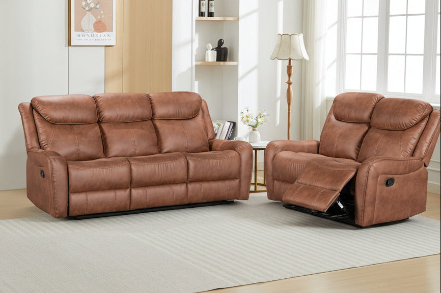 Brown recliner sofa set in a living room with light wood flooring and large windows.