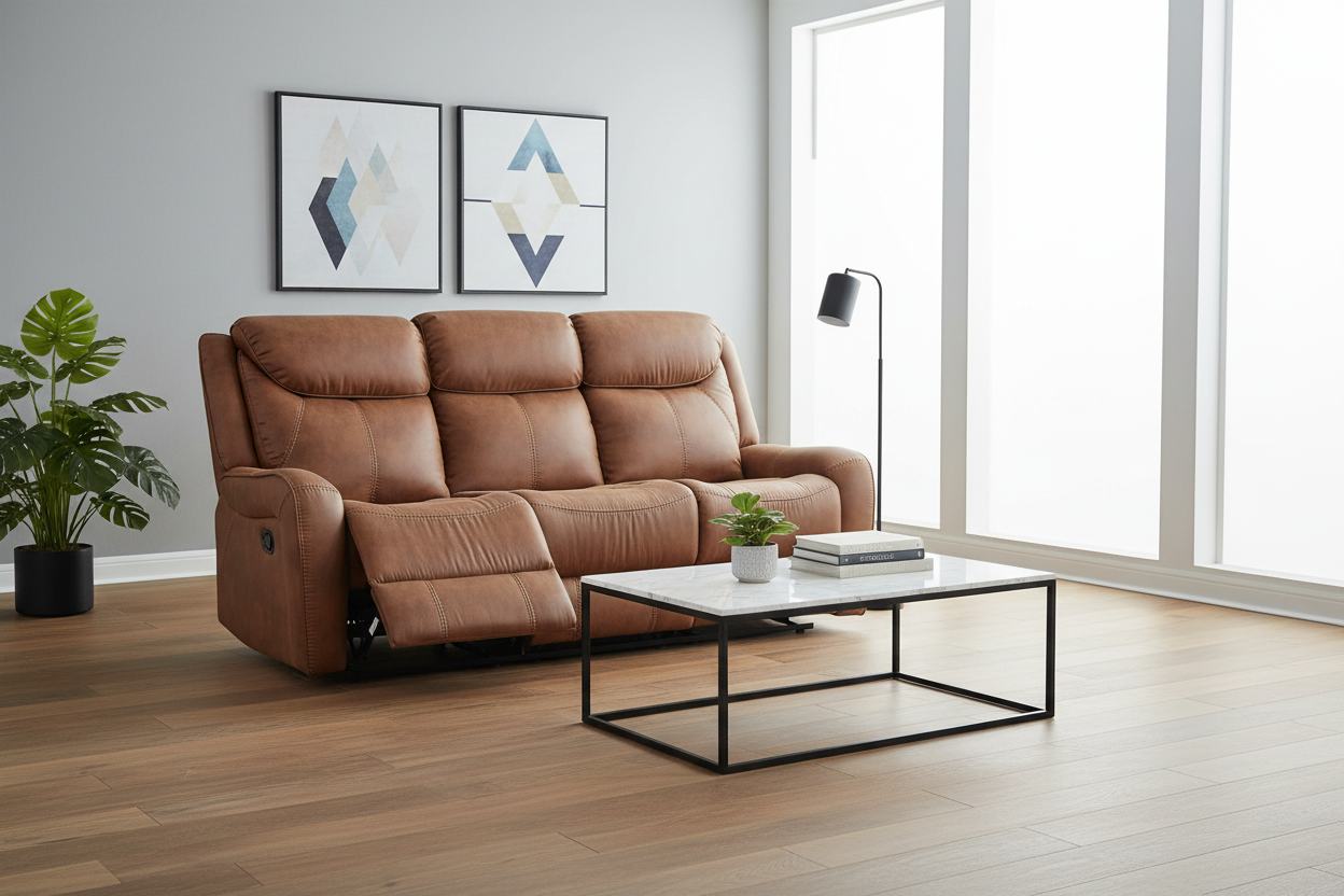 Brown fabric sofa in a modern living room with a coffee table and decorative items.