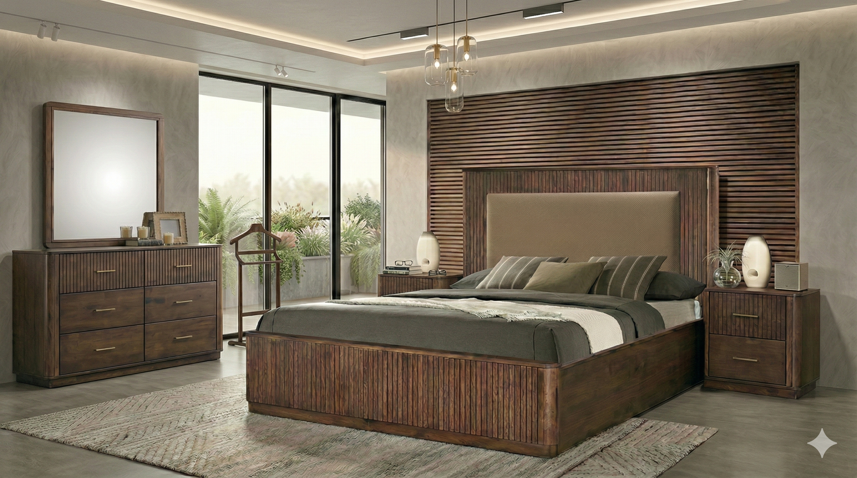 Modern bedroom with wooden furniture including a bed, dresser, and nightstands.