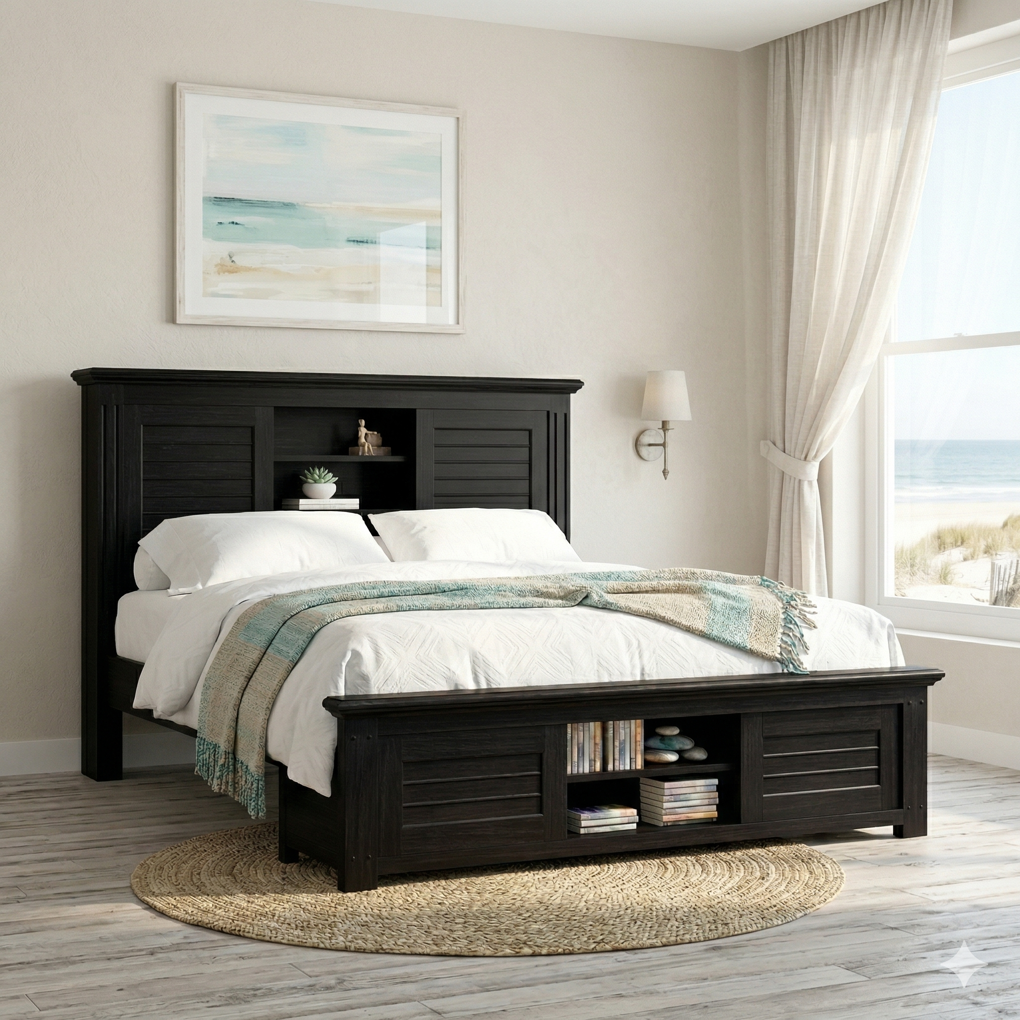 A detailed photograph of a dark espresso-finished wooden platform storage bed set in a modern coastal bedroom. The headboard features integrated open shelving with decorative items, including a potted succulent and decorative letters, and a footboard containing storage cubbies filled with books. The bed is neatly made with white linens and a textured teal and gold throw blanket draped at the foot. Below, a circular woven jute rug rests on grey weathered-look wood plank floors.