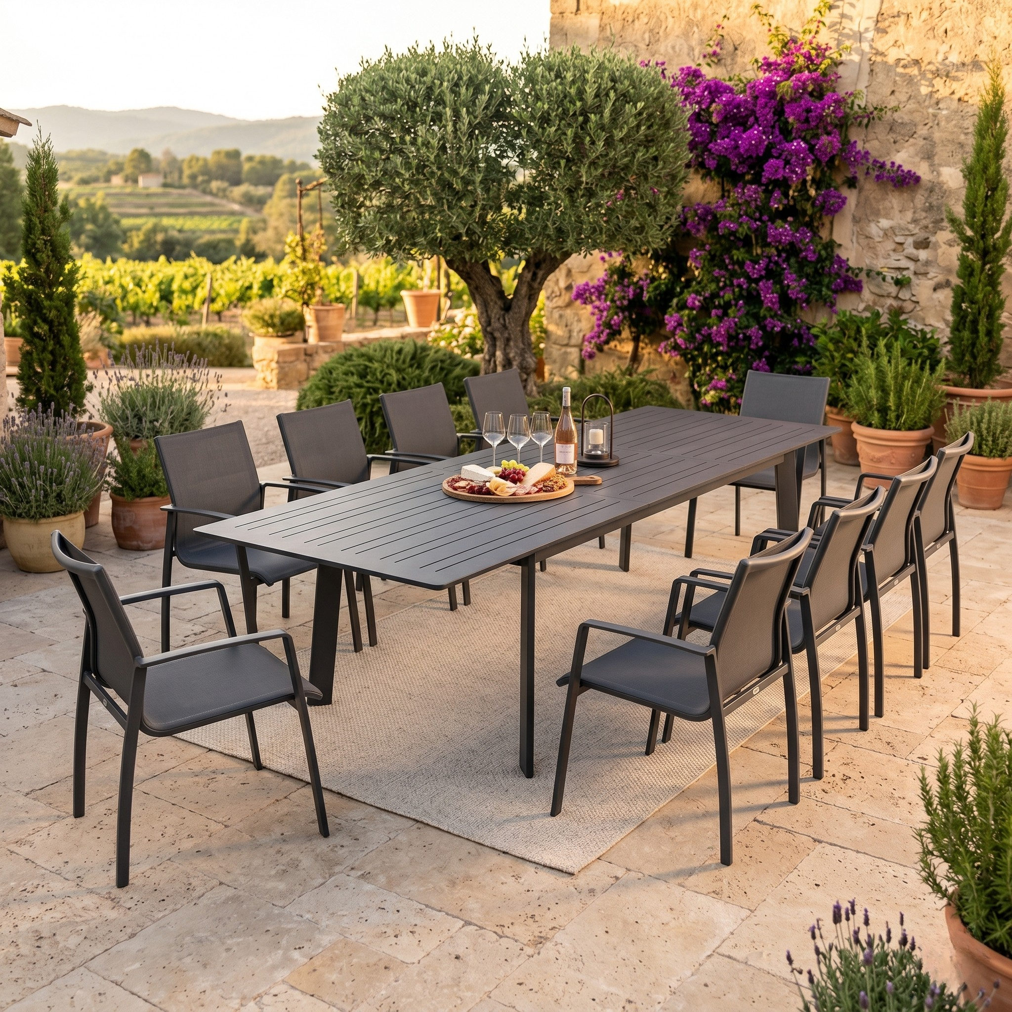 Outdoor dining setup with a long table and chairs on a stone patio, surrounded by plants and a scenic background.