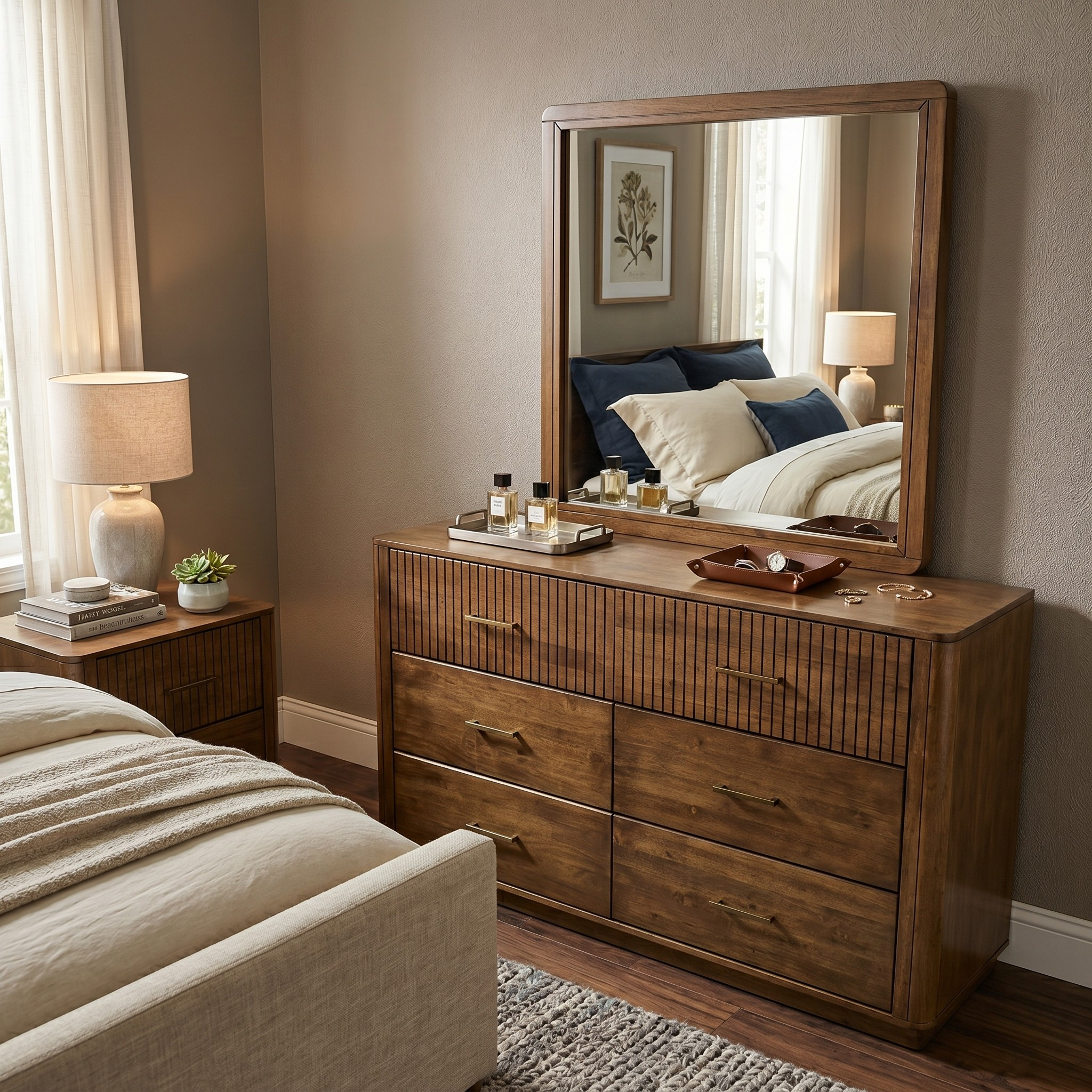 Wooden dresser with mirror in a bedroom setting