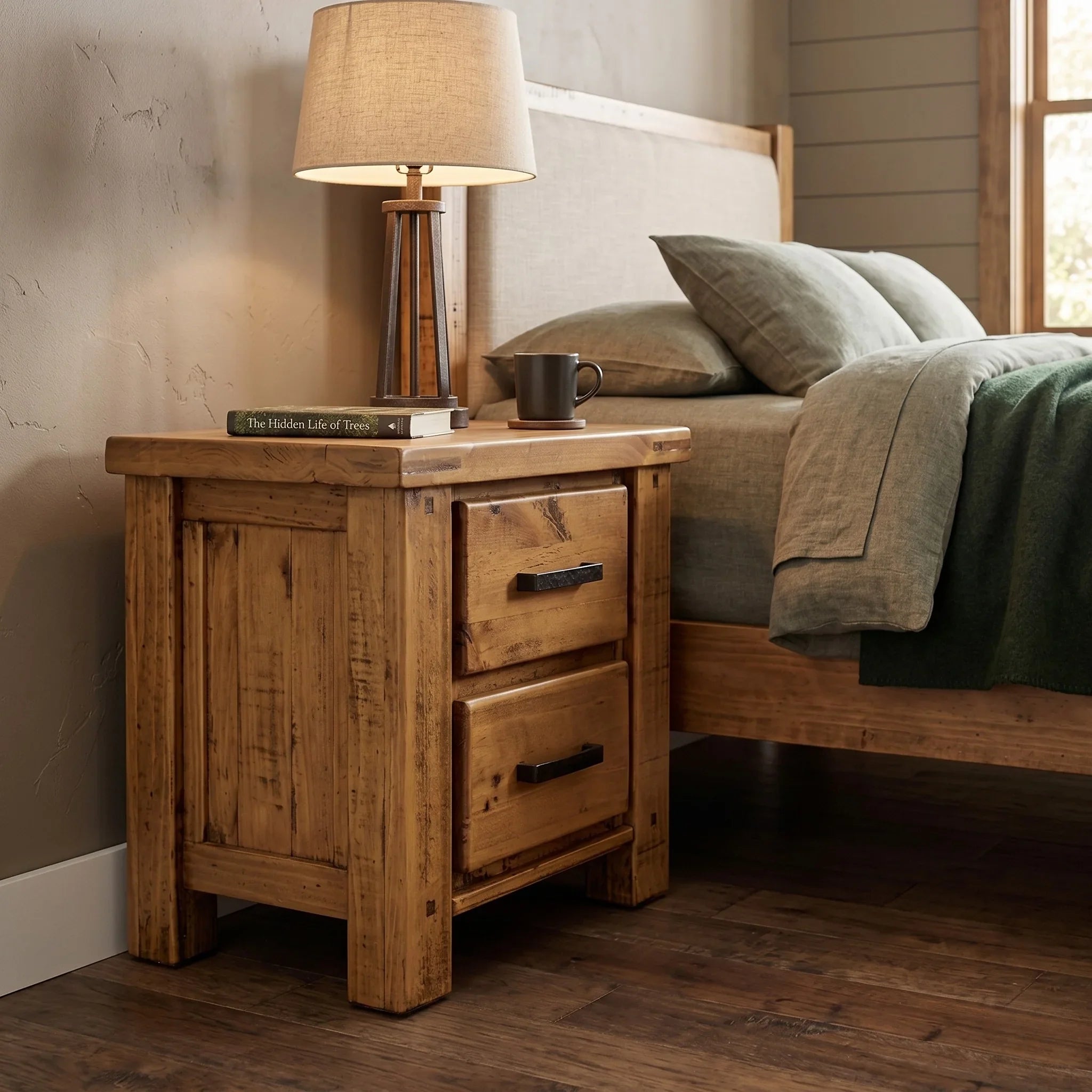 Wooden nightstand with lamp and mug next to a bed with green bedding.